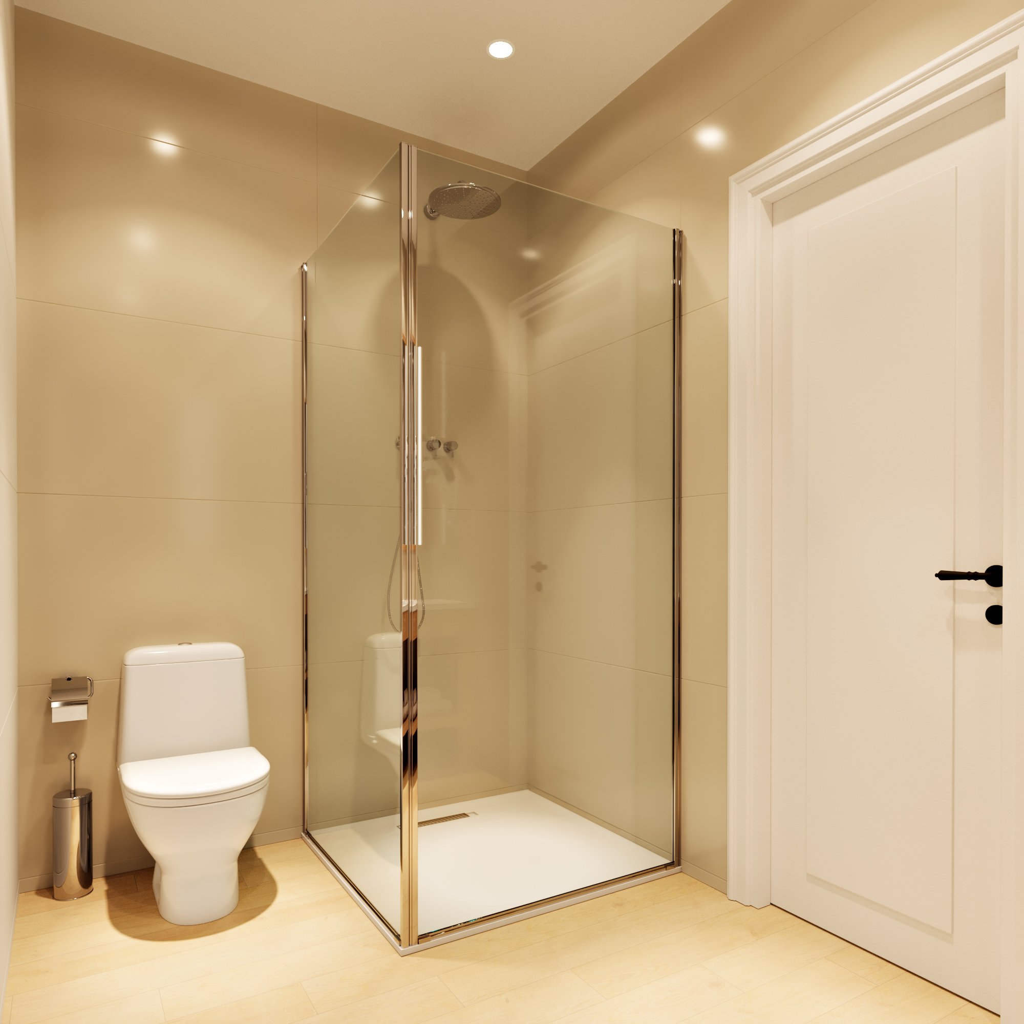 A guest bathroom with glass shower, pale wall panels, timber flooring and a white door