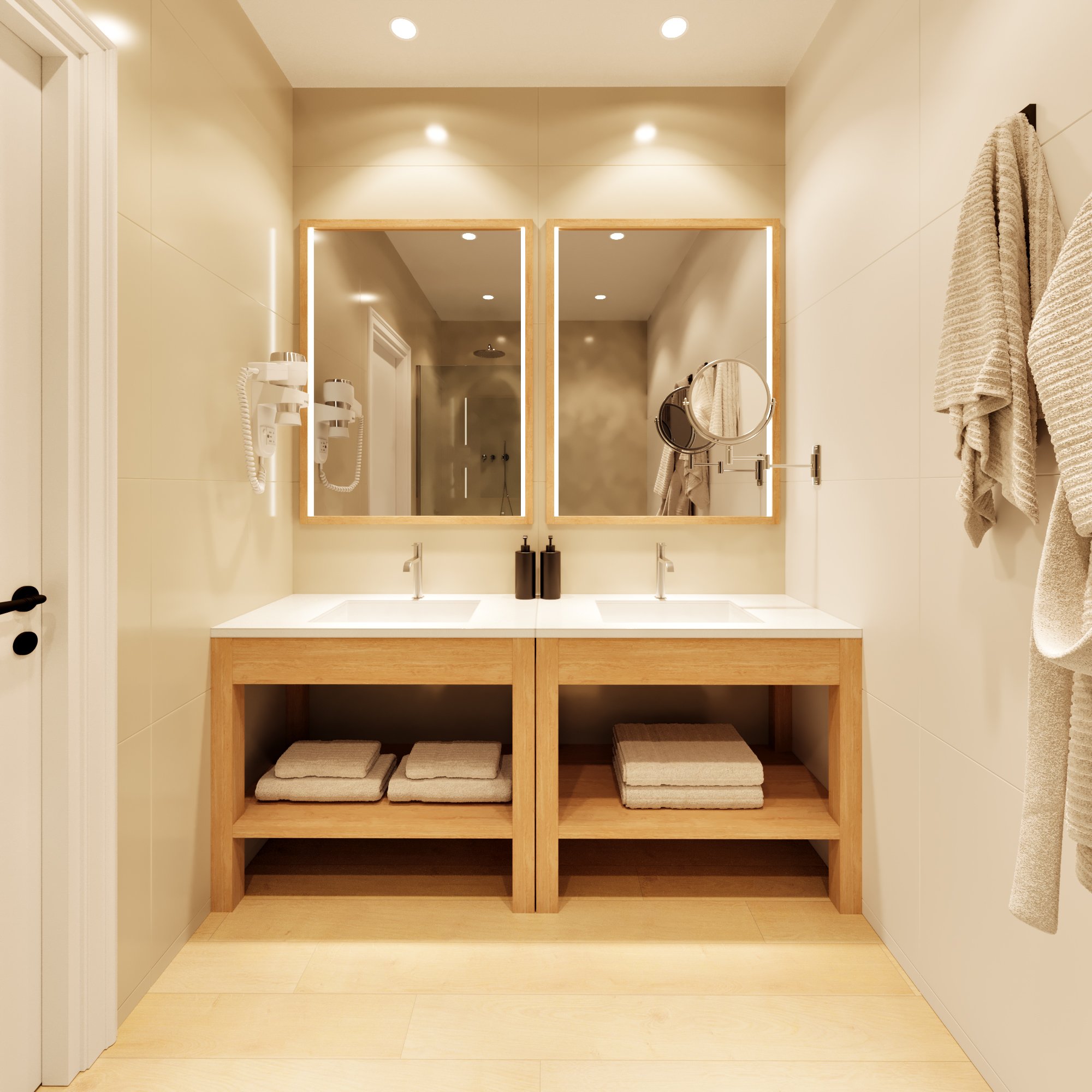 A calm bathroom vanity with twin basins, timber cabinetry and illuminated mirrors