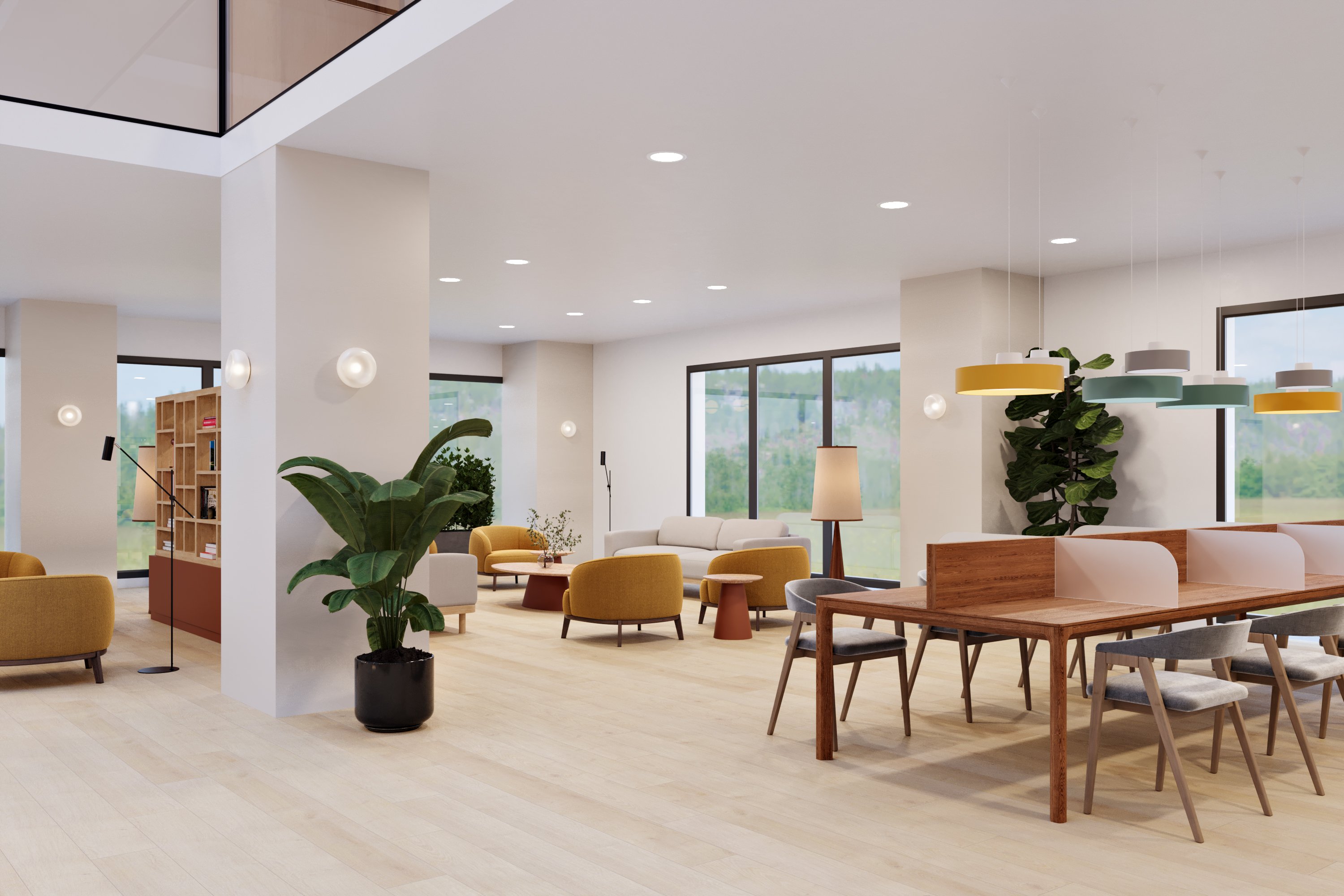Communal tables and lounge seating arranged beside large windows in a bright hotel interior