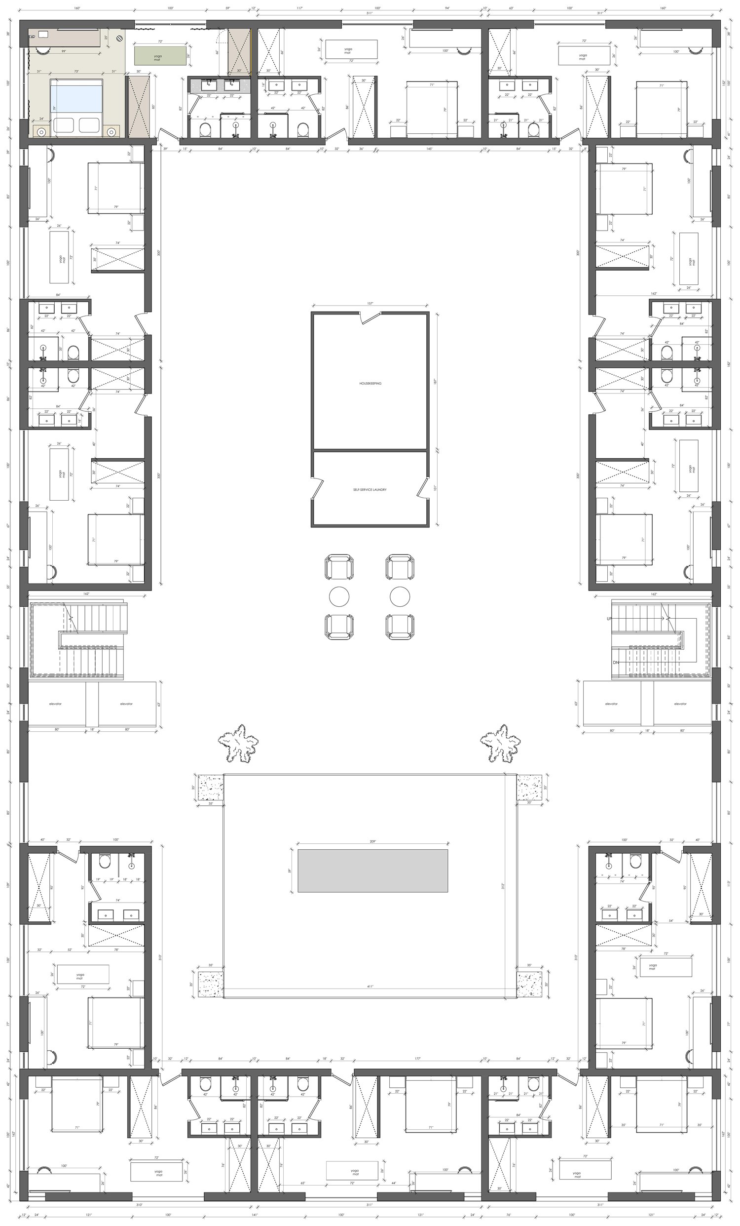 Complete guest floor plan with rooms arranged around a central courtyard, furniture layouts, bathrooms, elevators and circulation