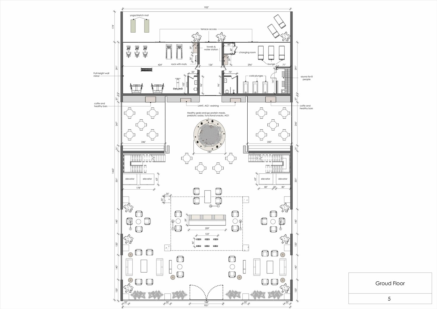 Complete ground floor plan showing lobby seating, grab-and-go zones, lounges, wellness support spaces and service circulation