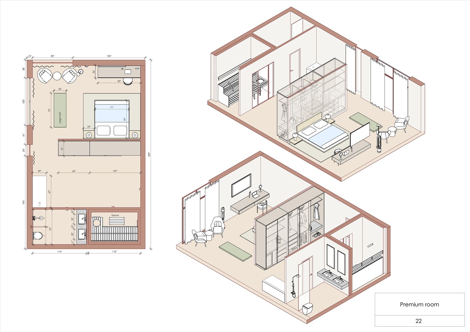 Premium room planning sheet with plan and axonometric views showing wellness amenities, sauna, bath, lounge and sleeping zone