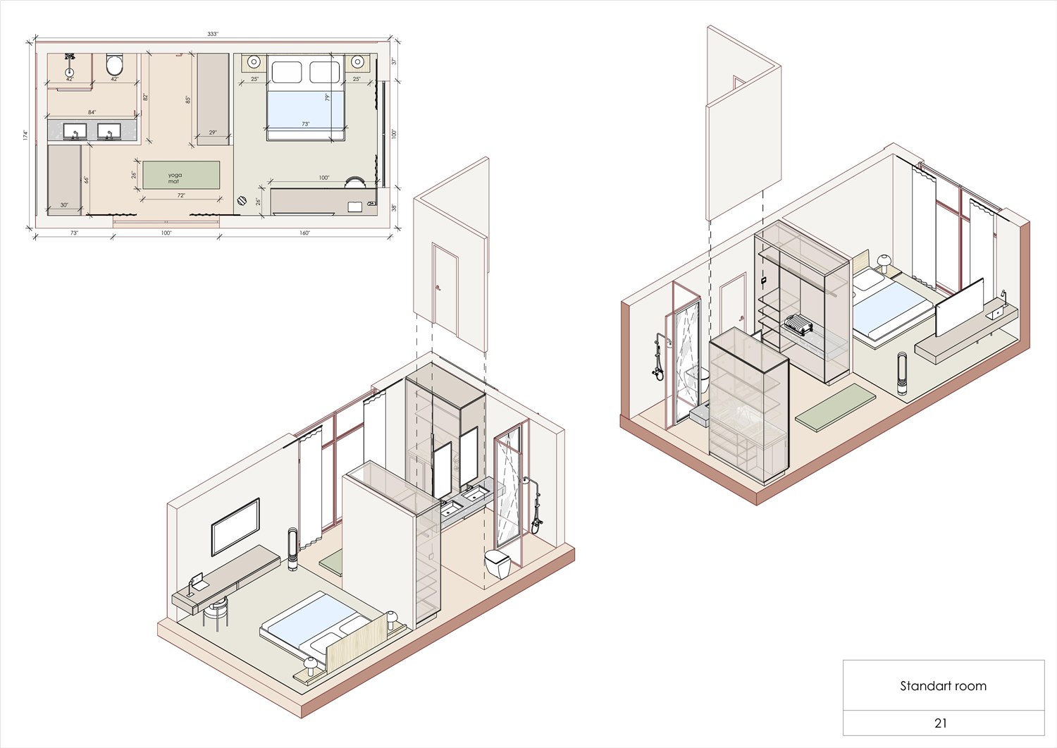 Standard room planning sheet with plan and axonometric views showing bed, bath, storage and guest-room zoning