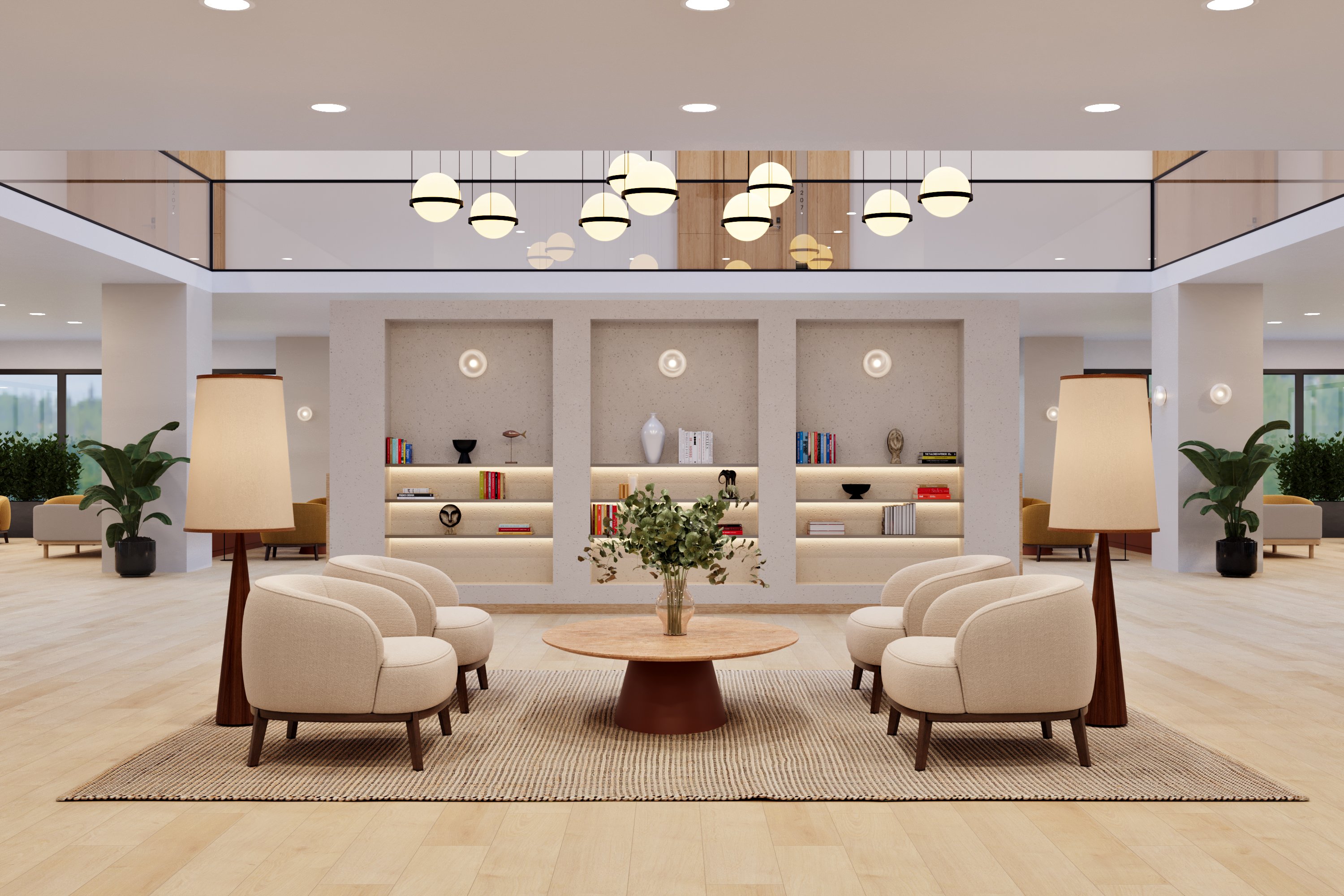 A refined hotel lounge with soft seating, warm timber, lamps and a calm, welcoming atmosphere