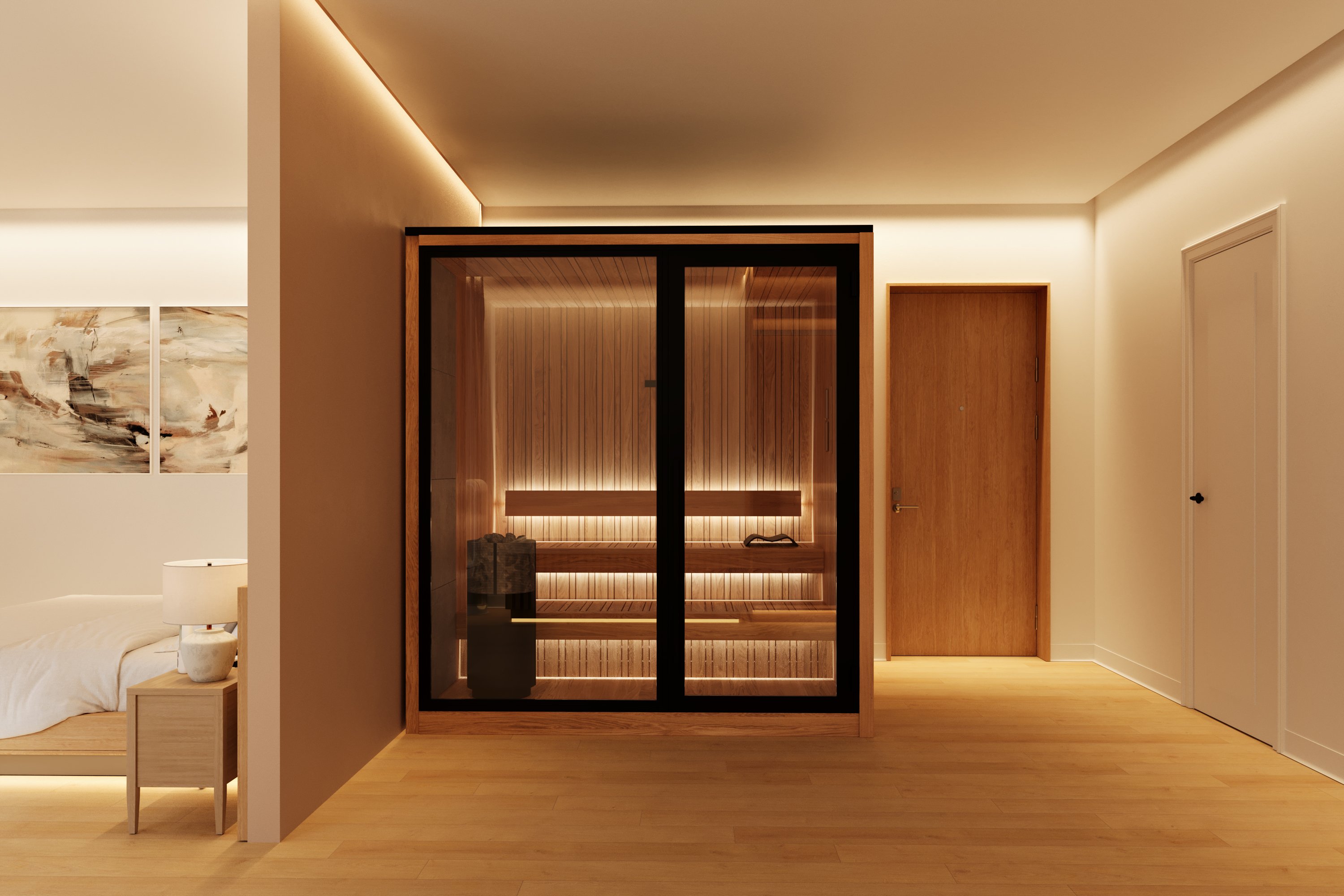A compact private sauna with warm timber and glass doors within the guest room