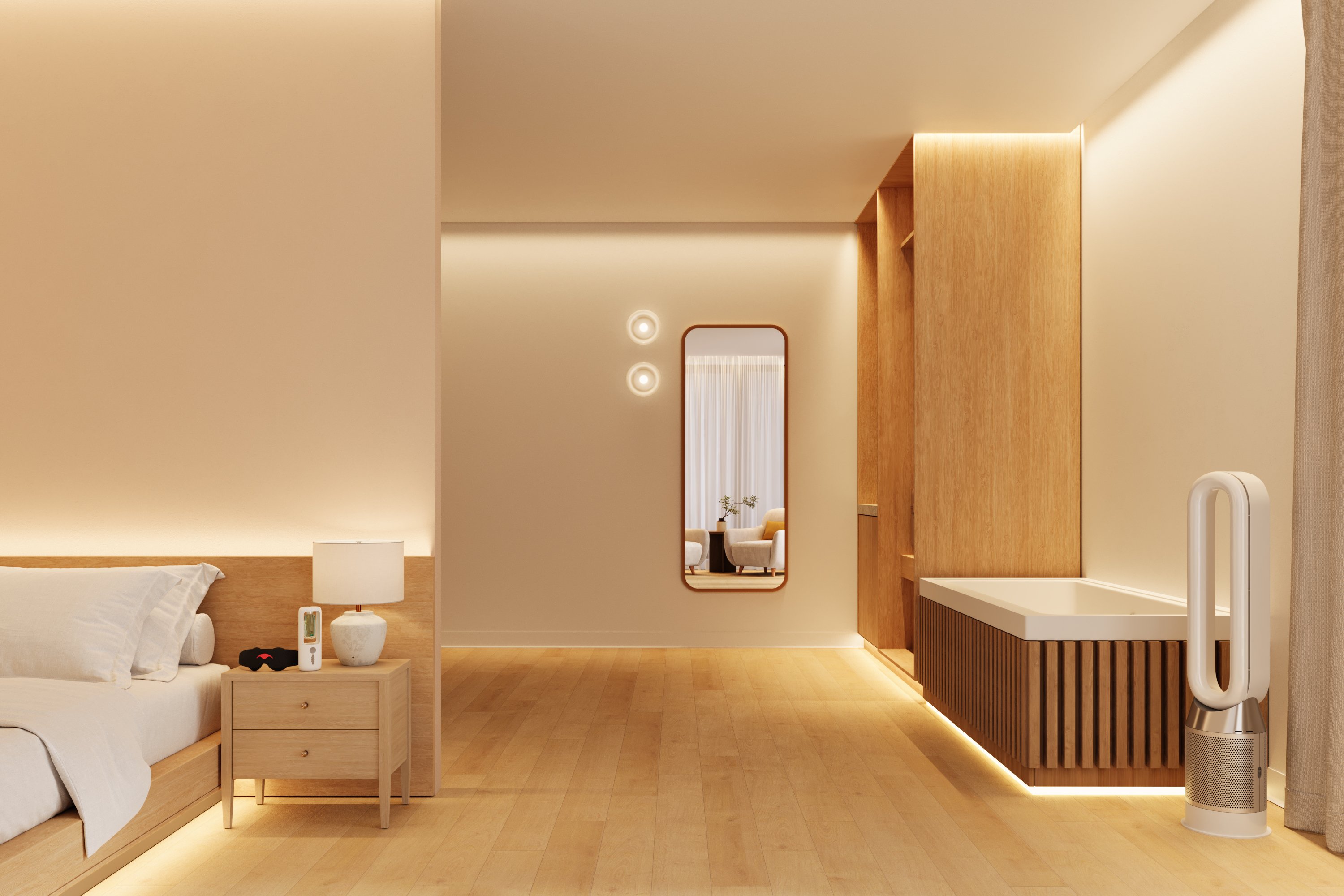 A guest room with bed, vanity area, soaking tub and recovery device beside the curtain