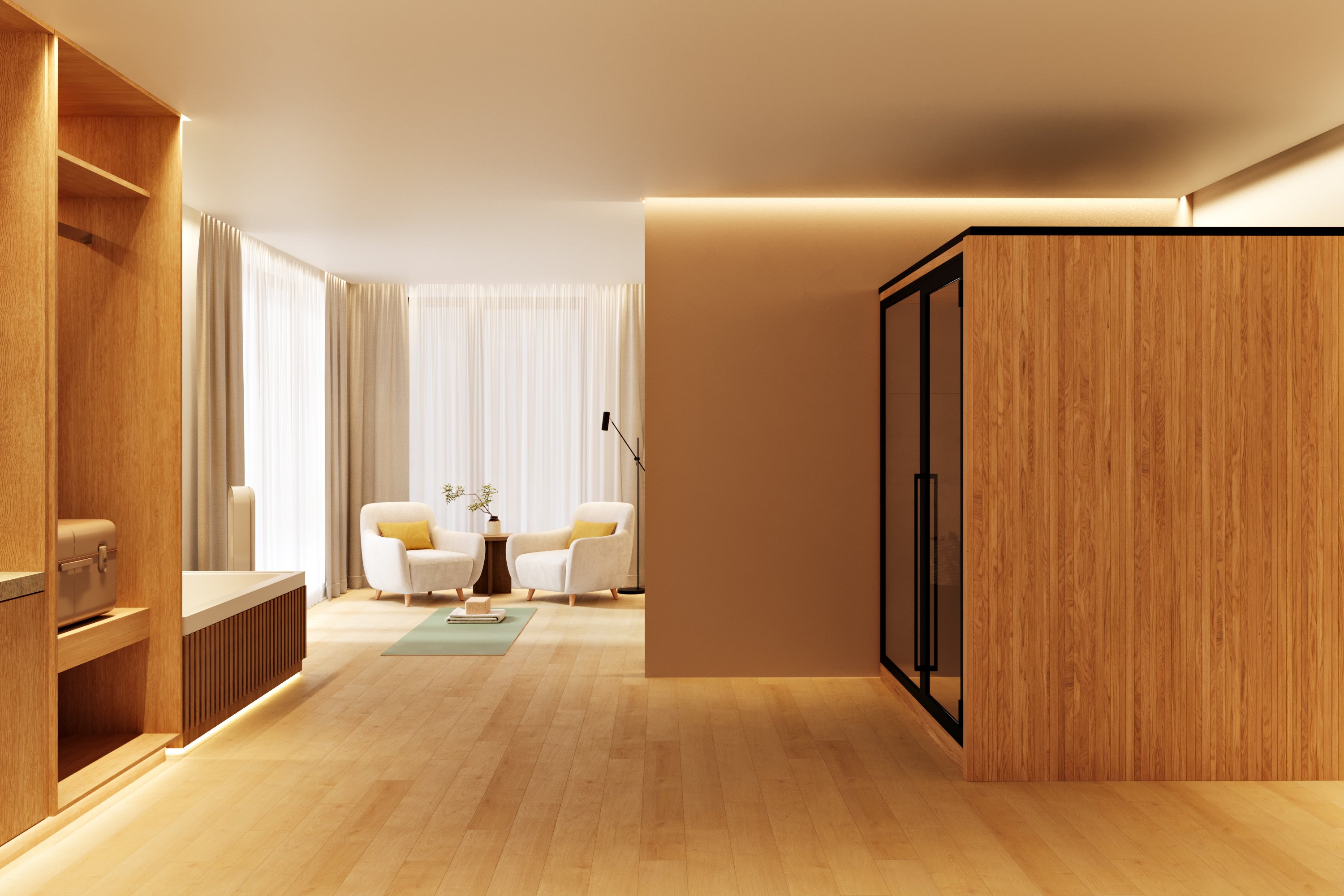 A guest room view with built-in storage, a lounge area and a timber sauna volume