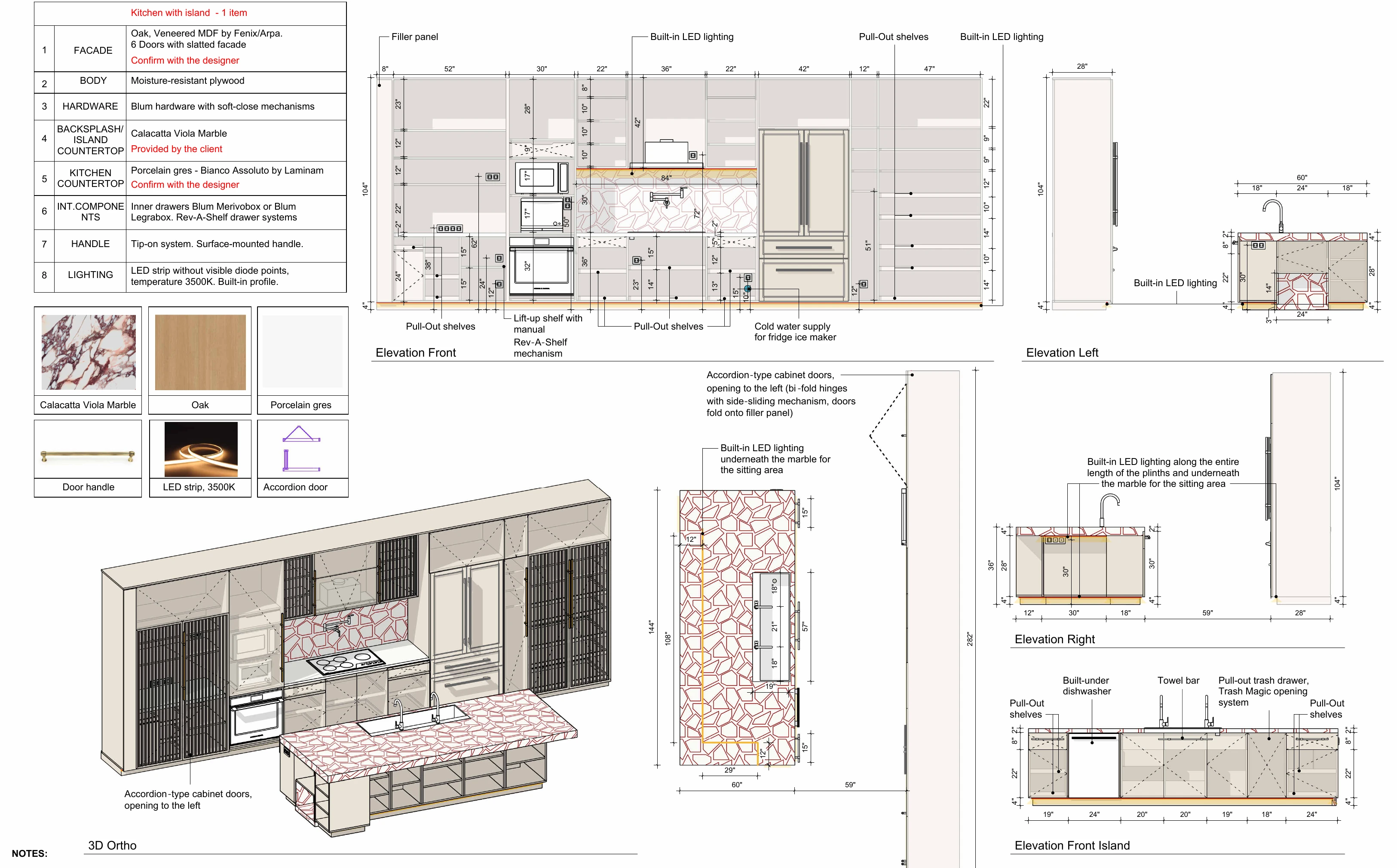 Custom kitchen drawing showing full-height cabinetry, an island, integrated appliances, storage and lighting details