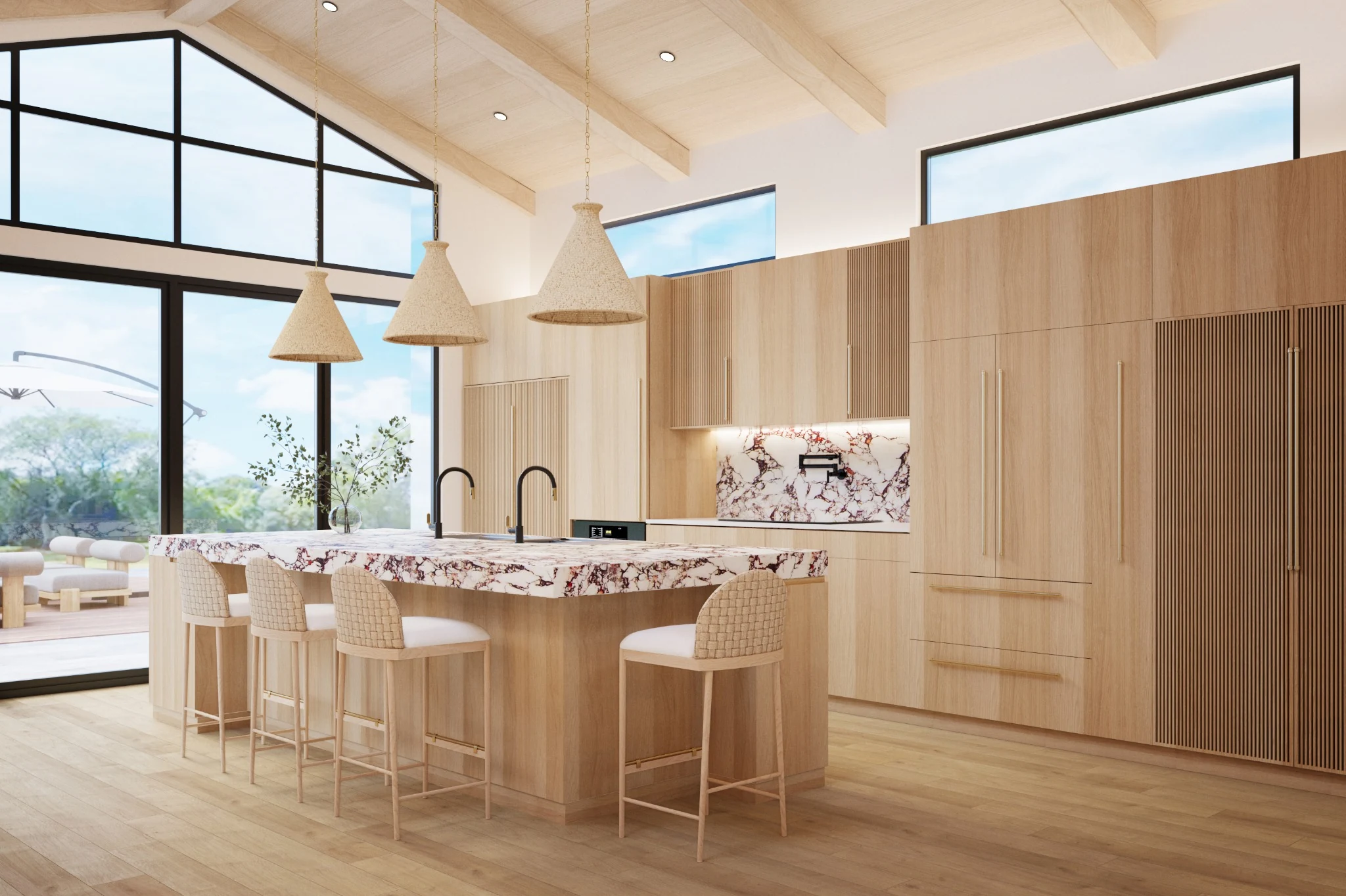 Full-height oak kitchen cabinetry with fluted fronts, integrated appliances and expressive stone surfaces
