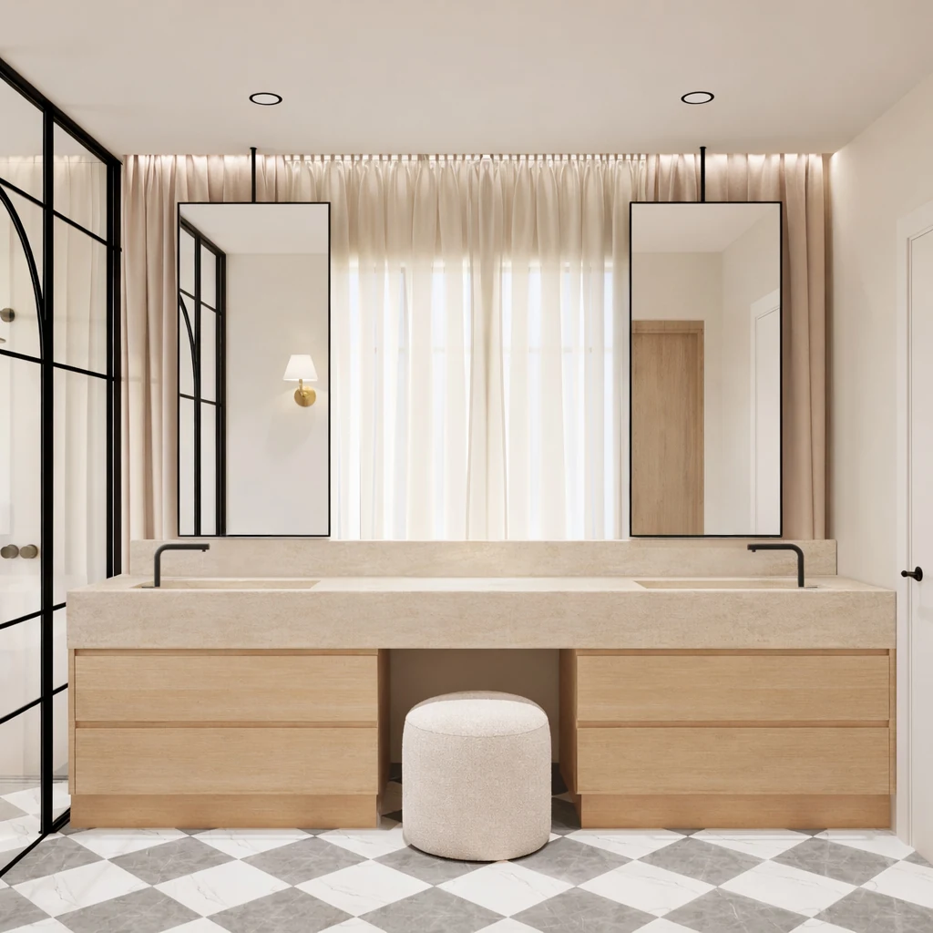 Master bathroom with long double vanity, ceiling-mounted mirrors, black-framed glazing and checkerboard floor