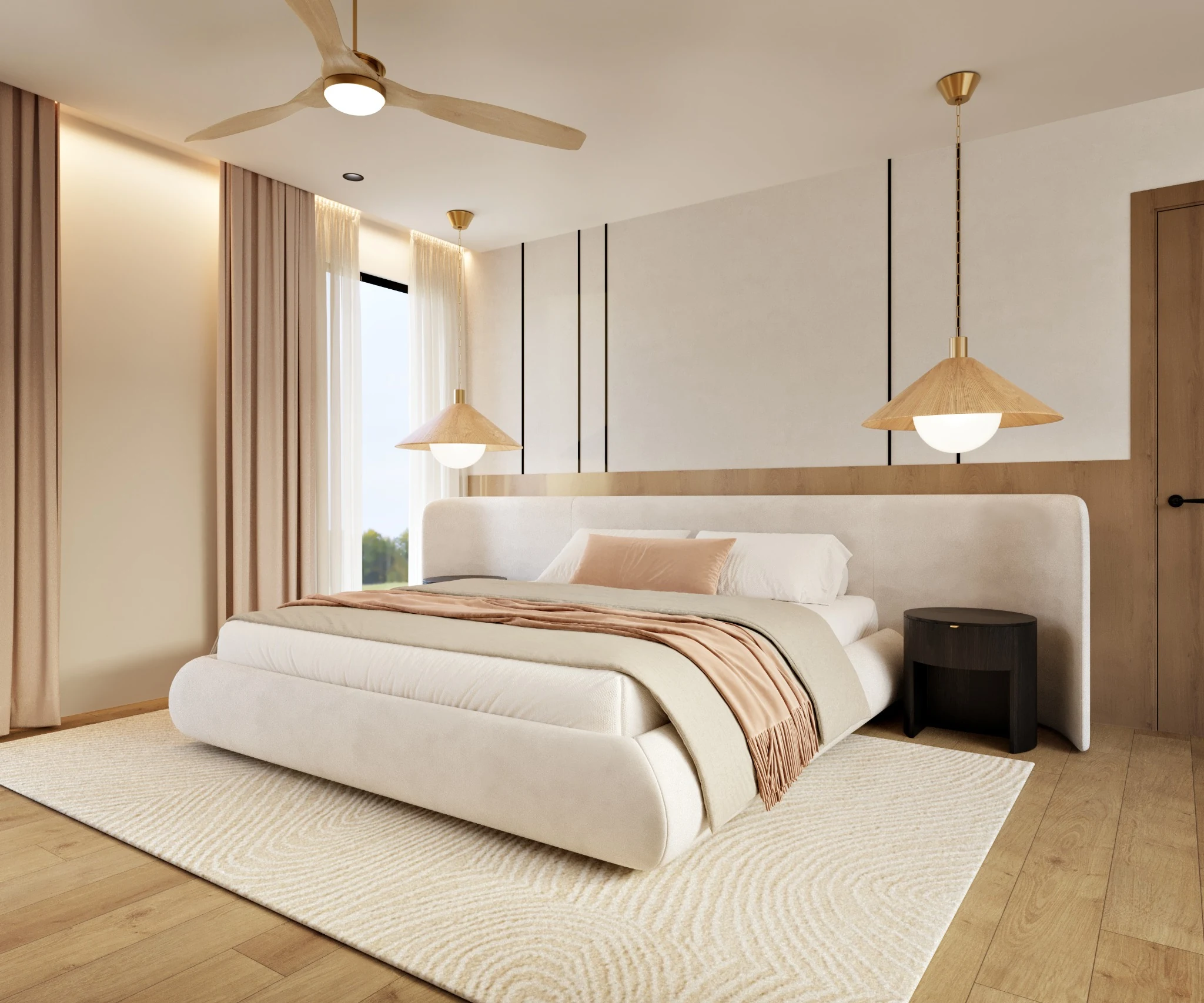 Master bedroom with upholstered bed, extended headboard, woven pendants and blush textiles
