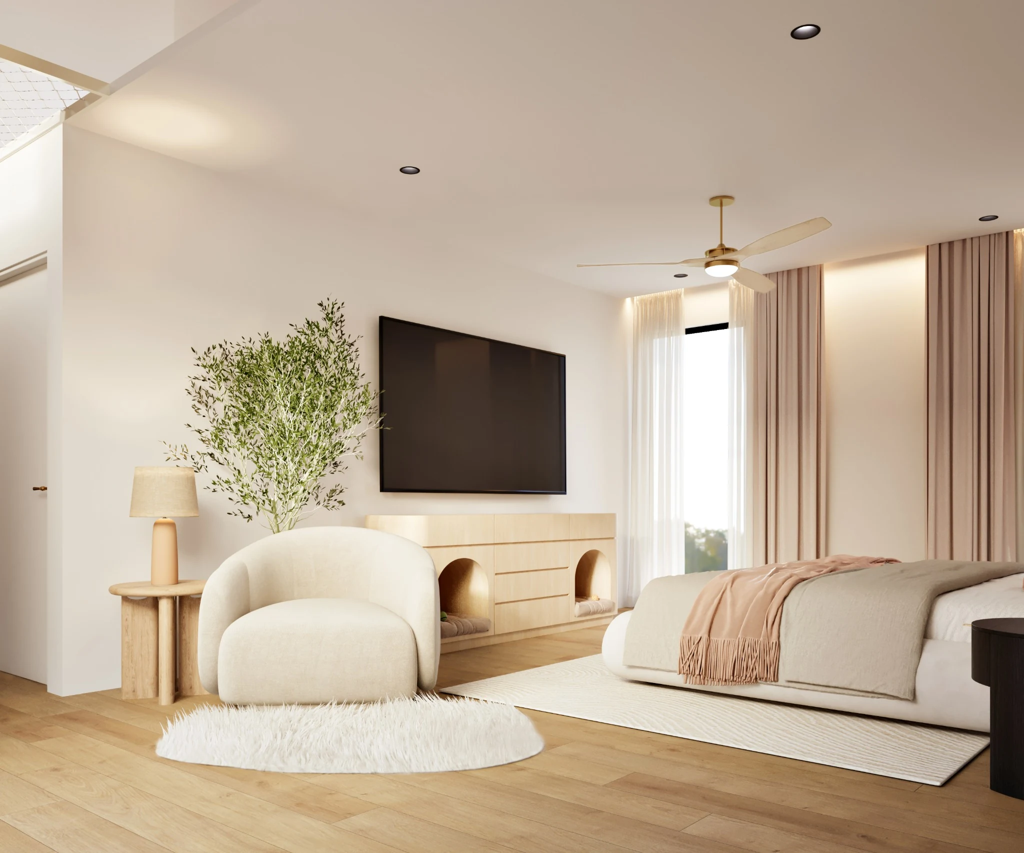 Master bedroom lounge area with a custom credenza, pale oak flooring and soft textiles