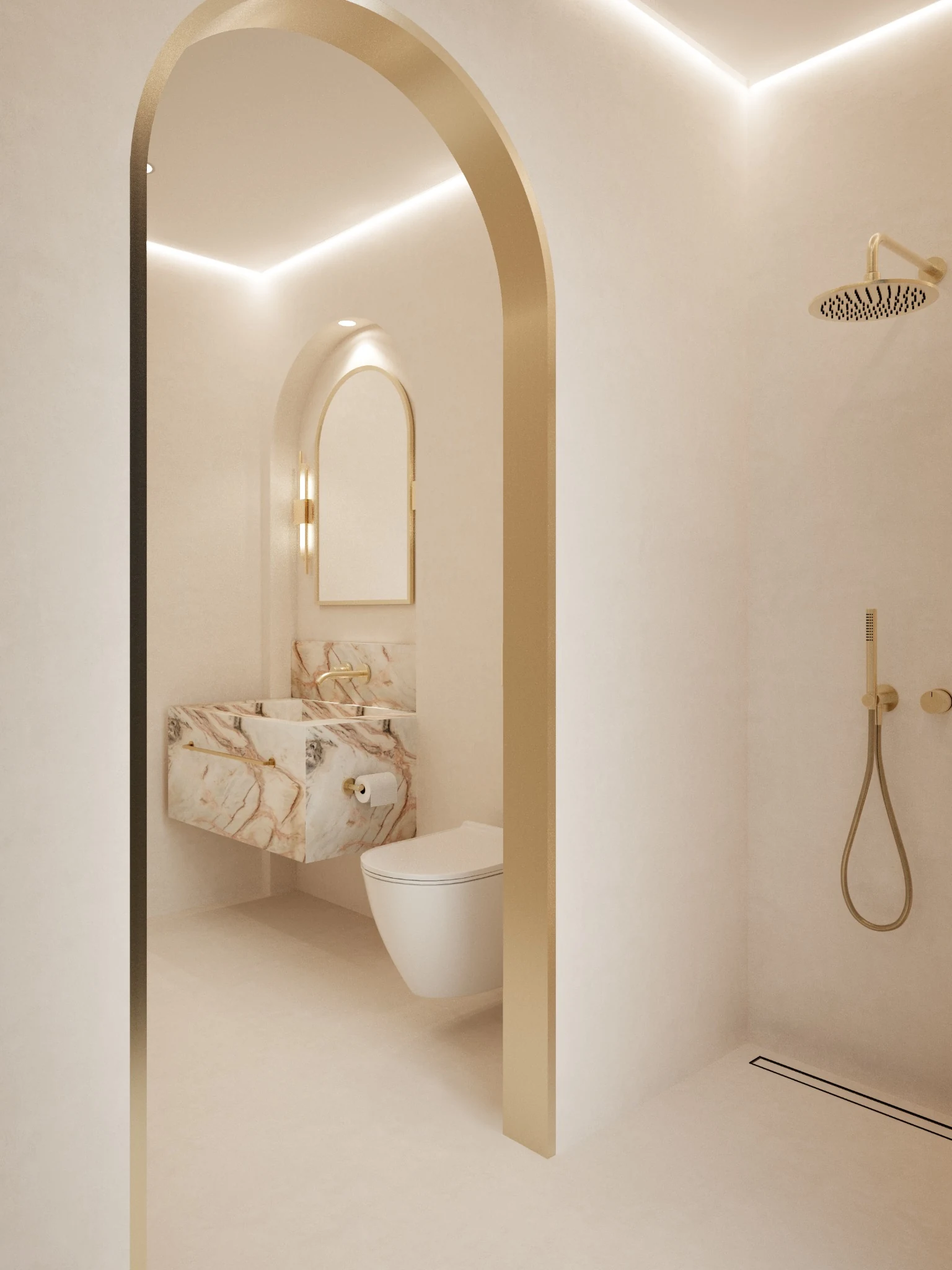 Powder room shower zone seen through a soft arch with brass fixtures and concealed perimeter lighting