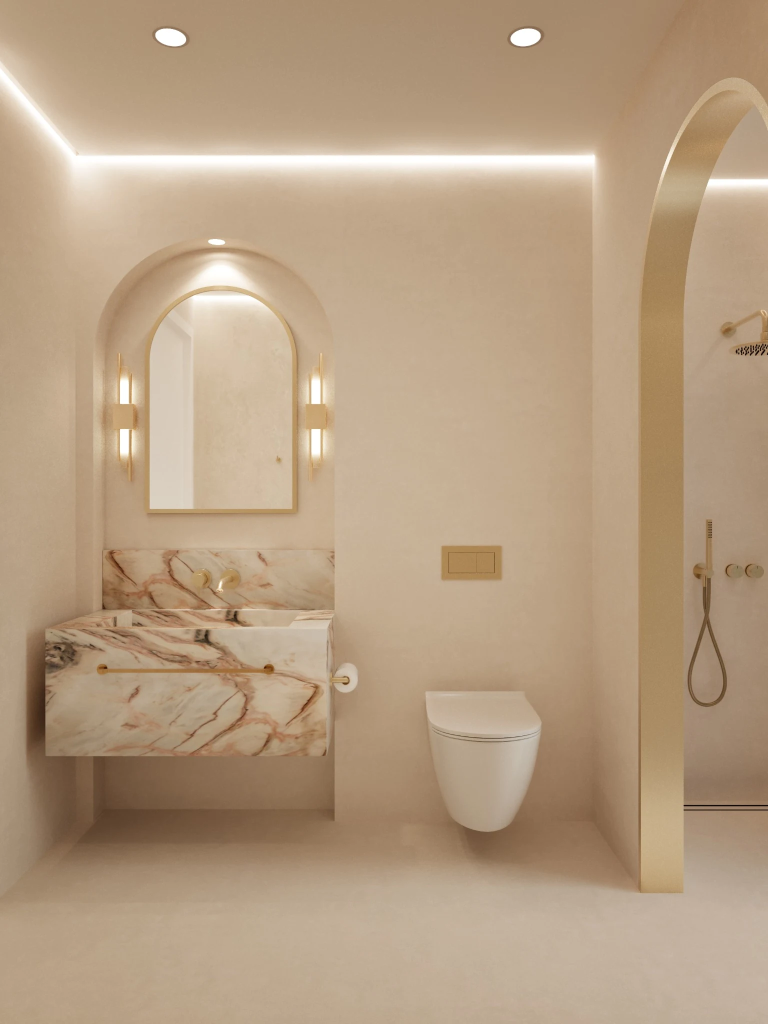 Powder room with arched mirror, monolithic stone basin, concealed light and brass fittings