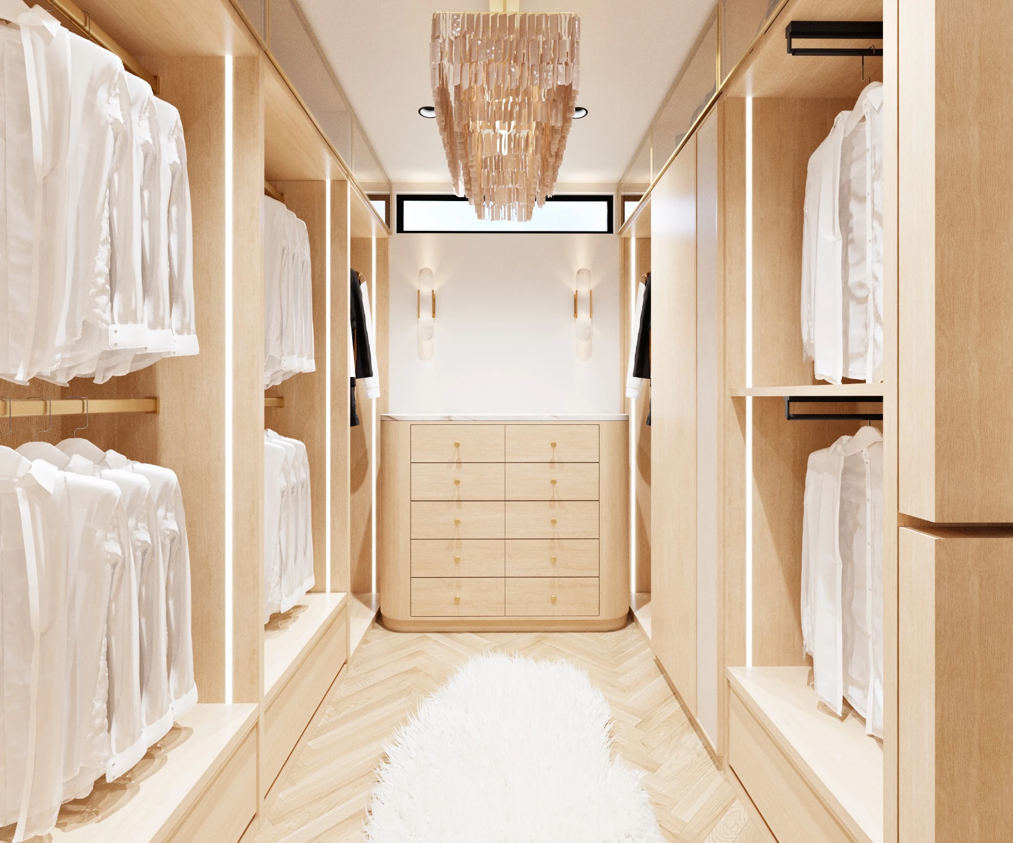 Walk-in closet with oak cabinetry, glass fronts, integrated lighting and a central dresser