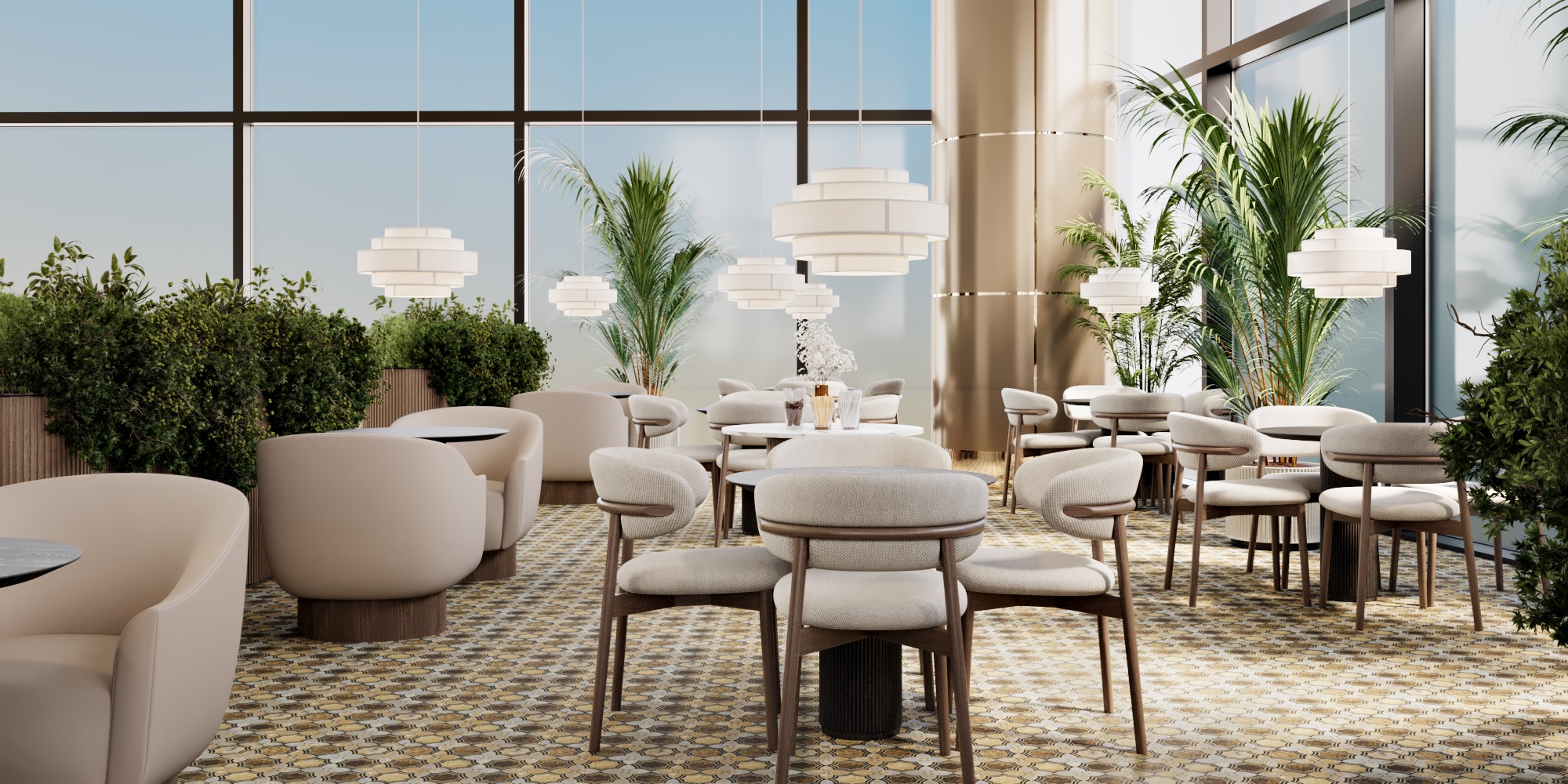Cafe seating arranged among planters, tall glazing and layered pendant lights