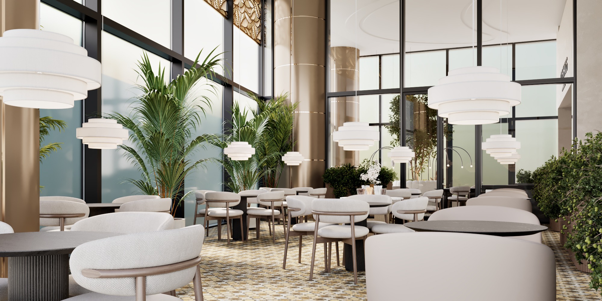 COFIHAUS seating with lush planting, upholstered chairs, round tables and pendant lights