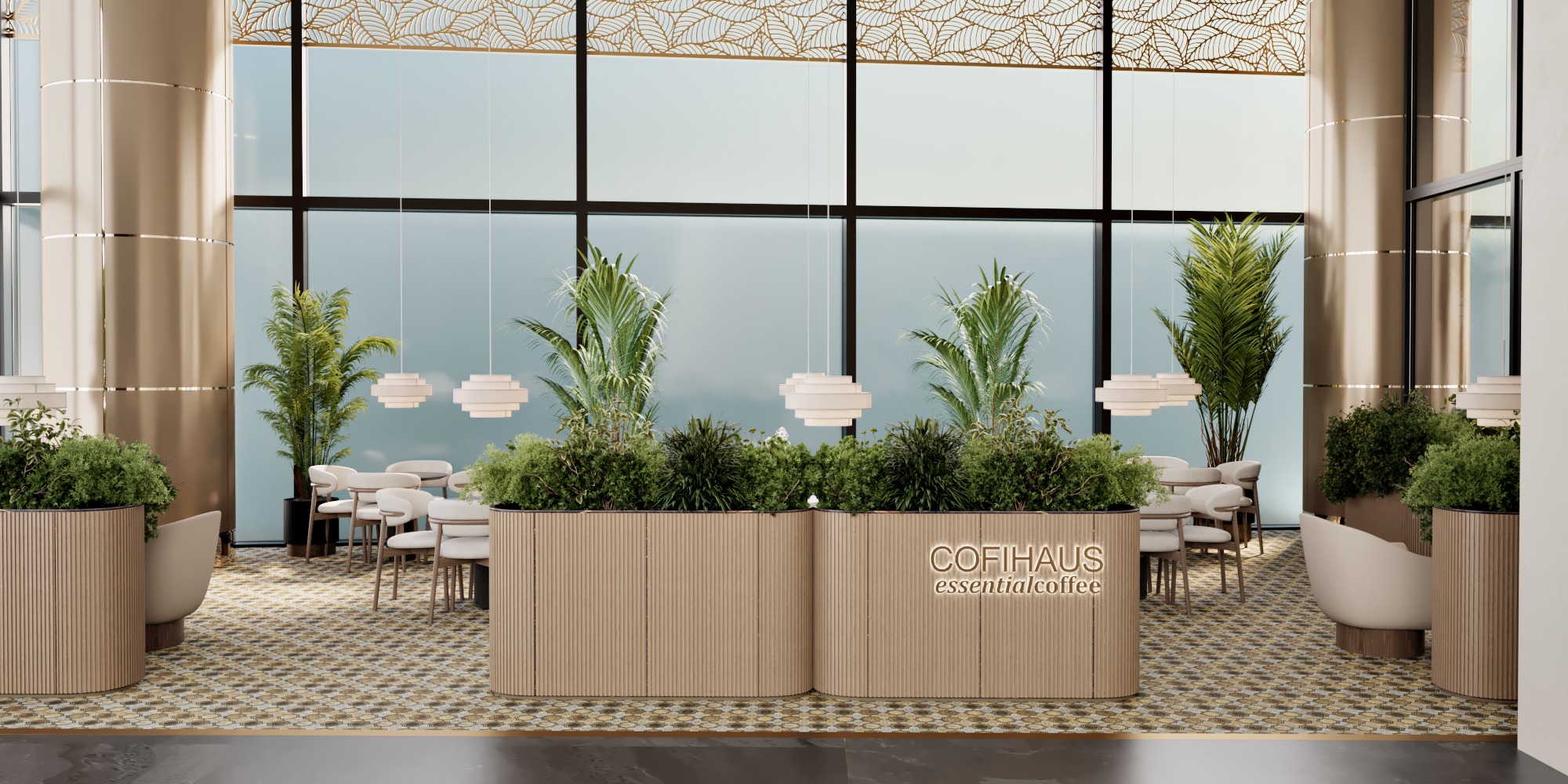 COFIHAUS café concept with a central counter incorporating plants, tall glazing and pendant lights