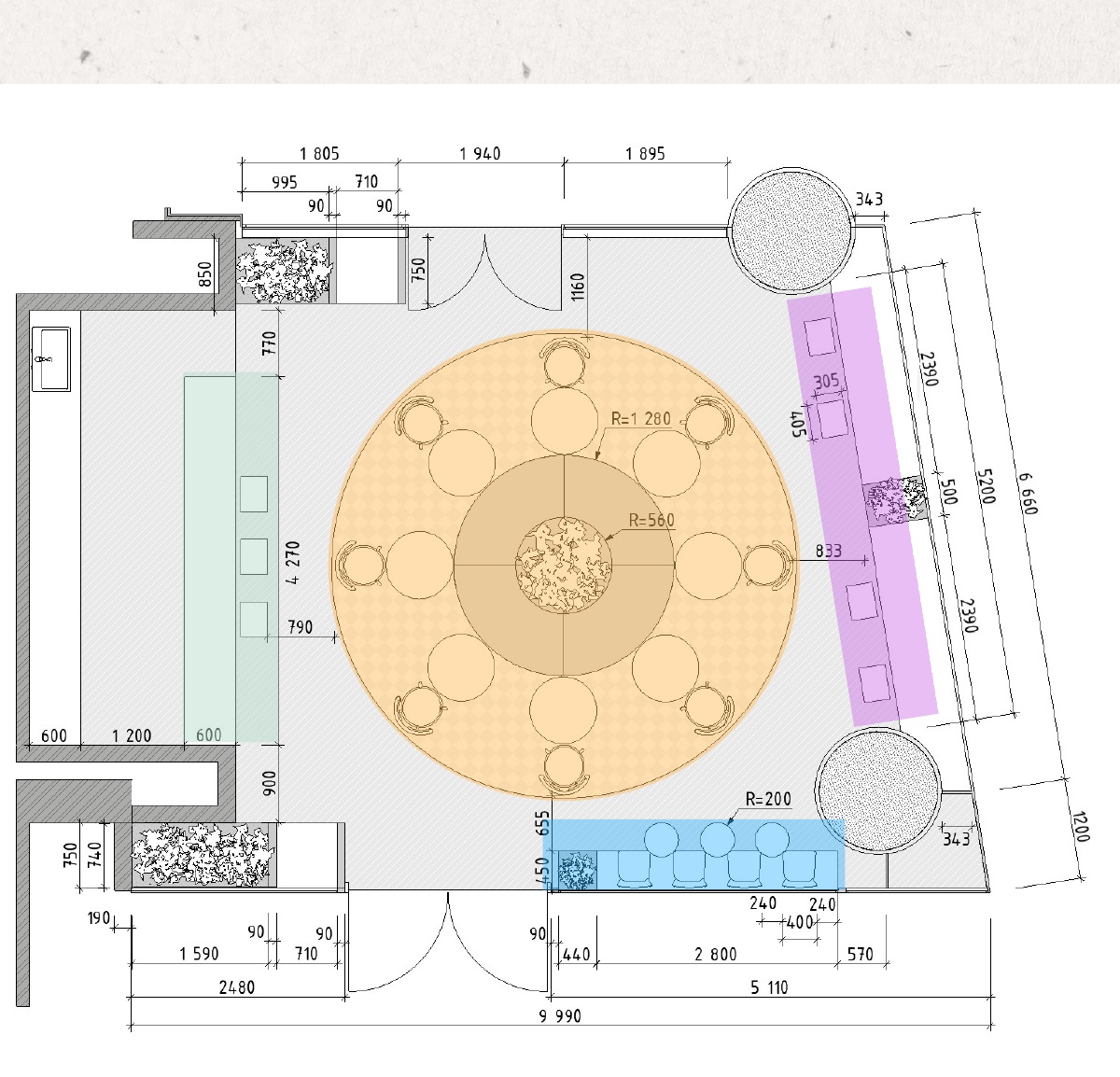Complete COFIHAUS zoning diagram: mint bar seating, amber central sofa, lilac window seating and blue seating near the exit