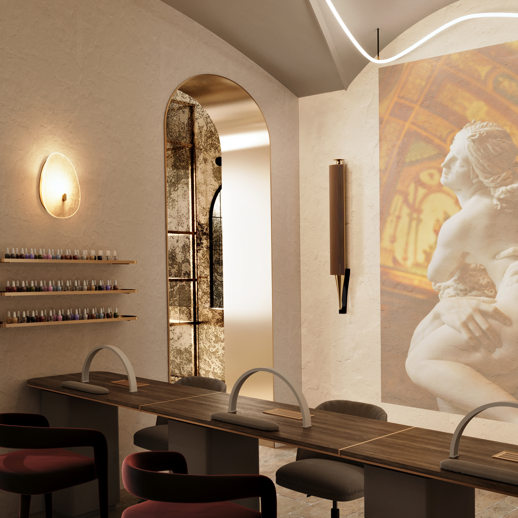 Manicure area with arched mirror, aged reflective surface and a softened classical sculpture reference