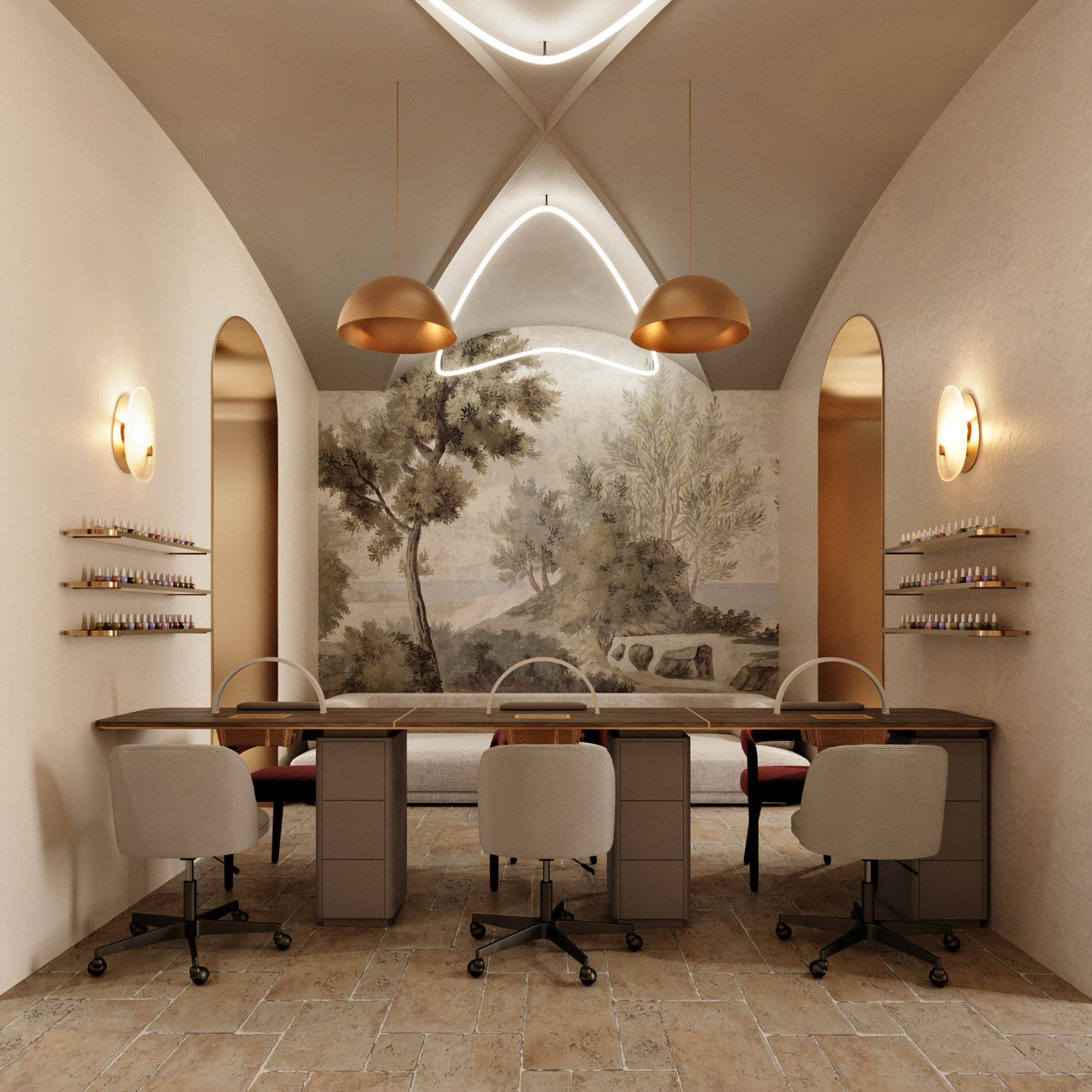 Symmetrical manicure room with arched side openings, shared work table and a large landscape-like wall composition