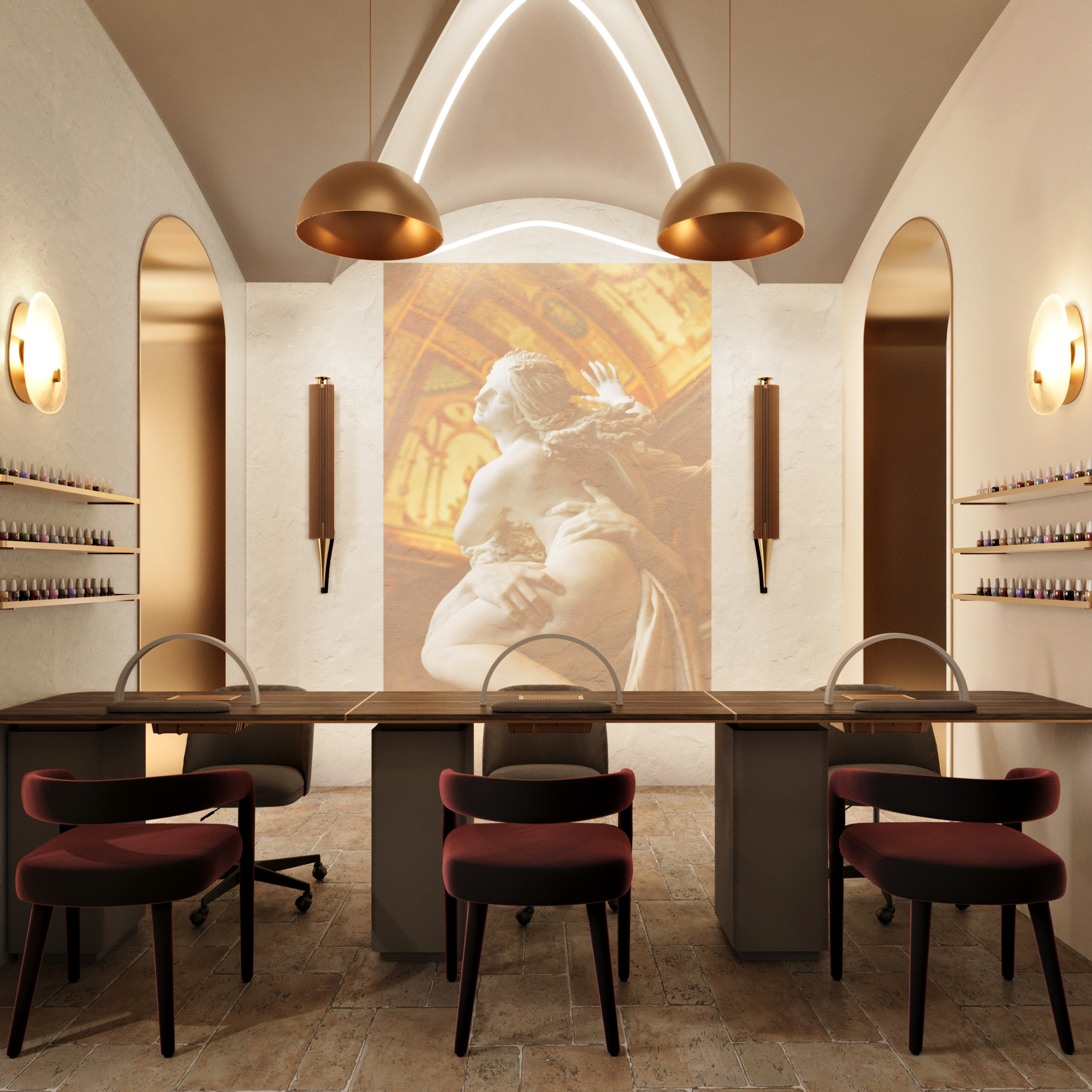 ItaliCO manicure area with a shared table, arched mirrors, pendant lights and softly rendered classical wall imagery
