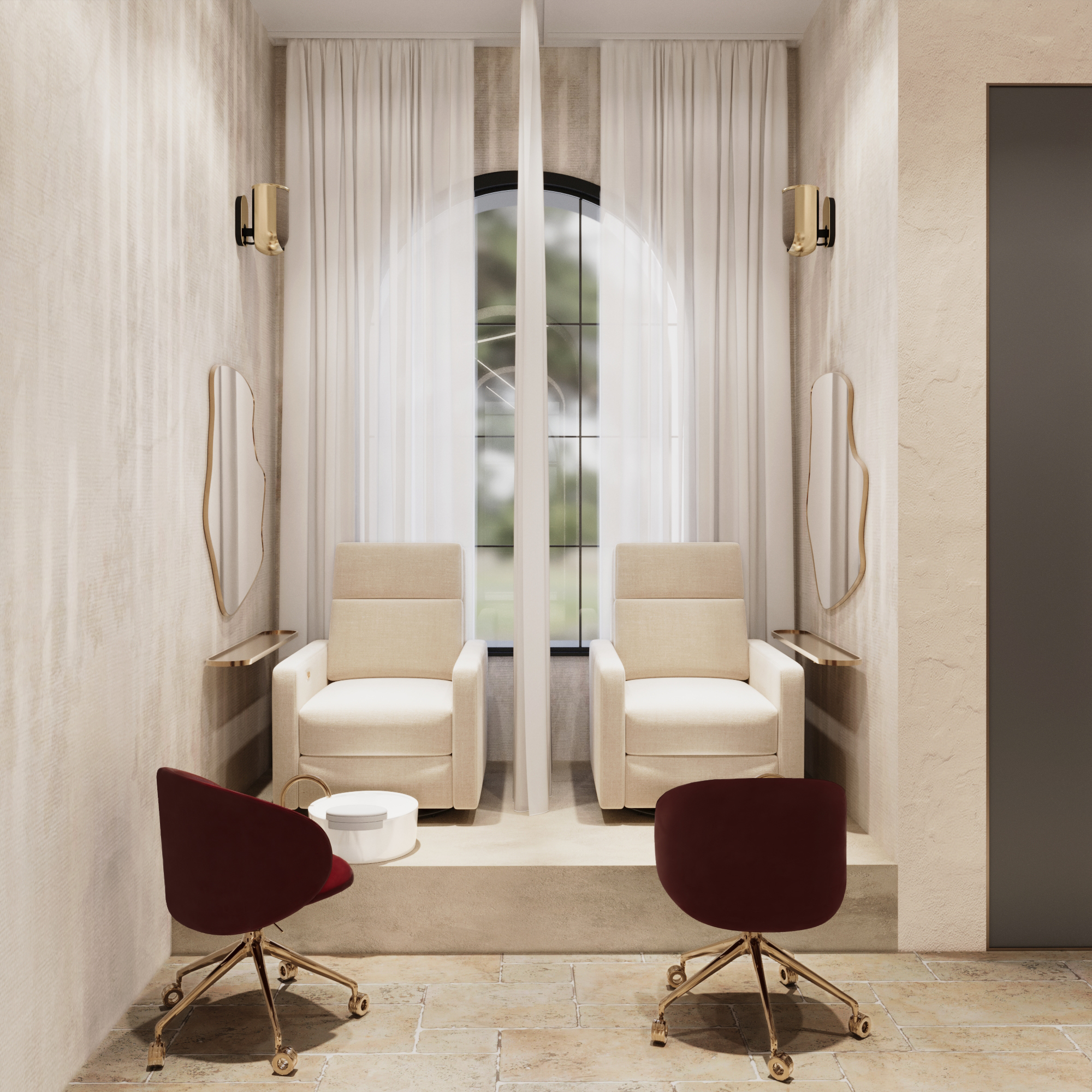 Pedicure area with paired raised chairs, sheer curtains, arched window and sculptural mirrors