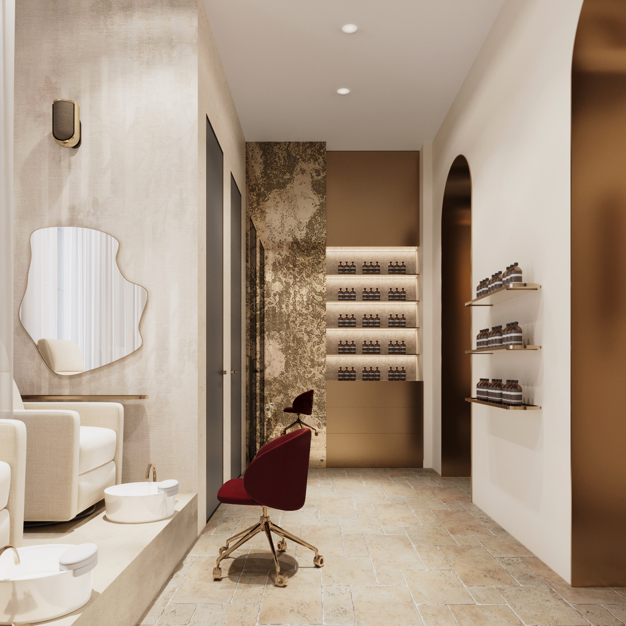 Pedicure and retail view with burgundy working chair, product shelves, aged mirror partition and arched niche