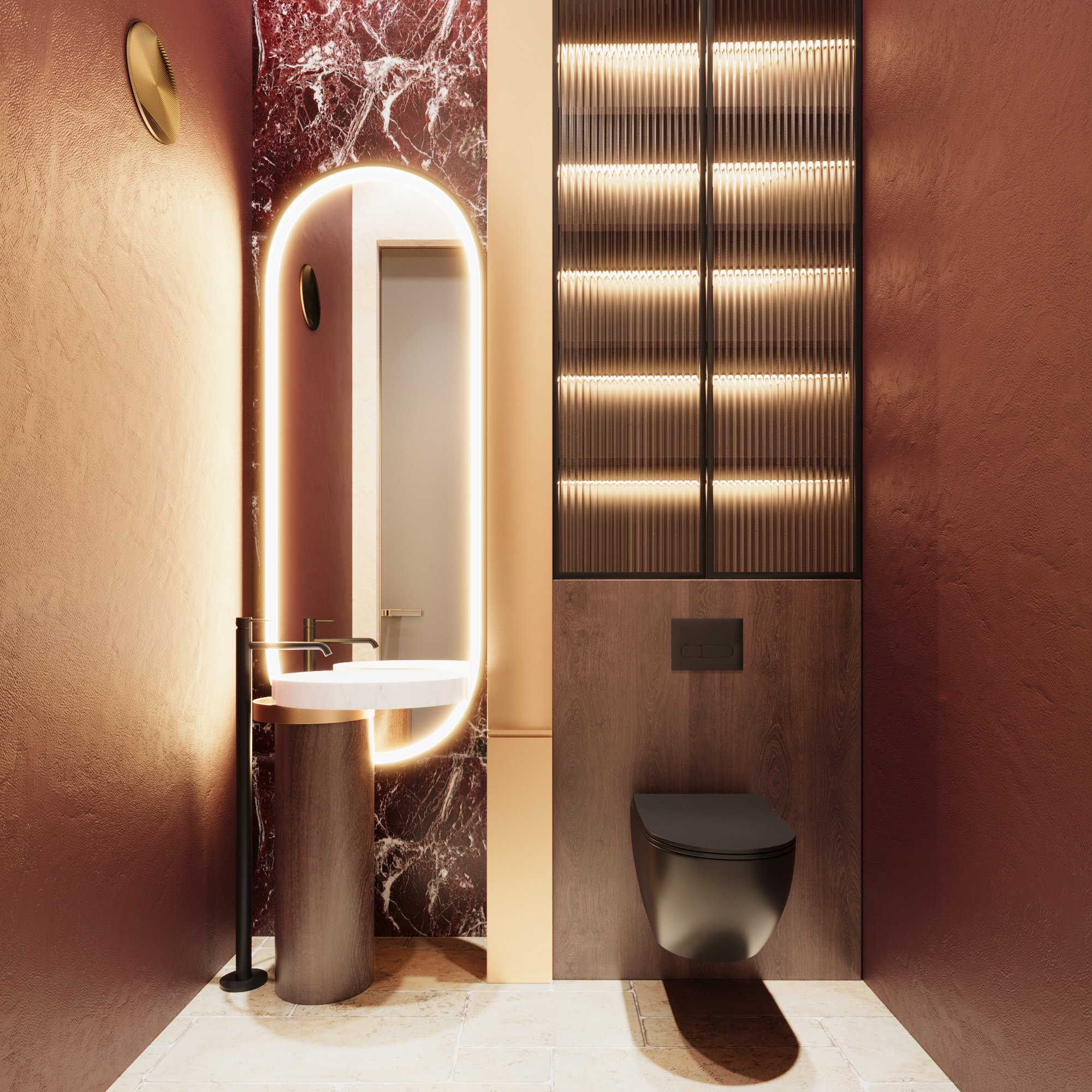 Powder room detail with burgundy plaster, deep marble, glowing arched mirror, timber and ribbed glass
