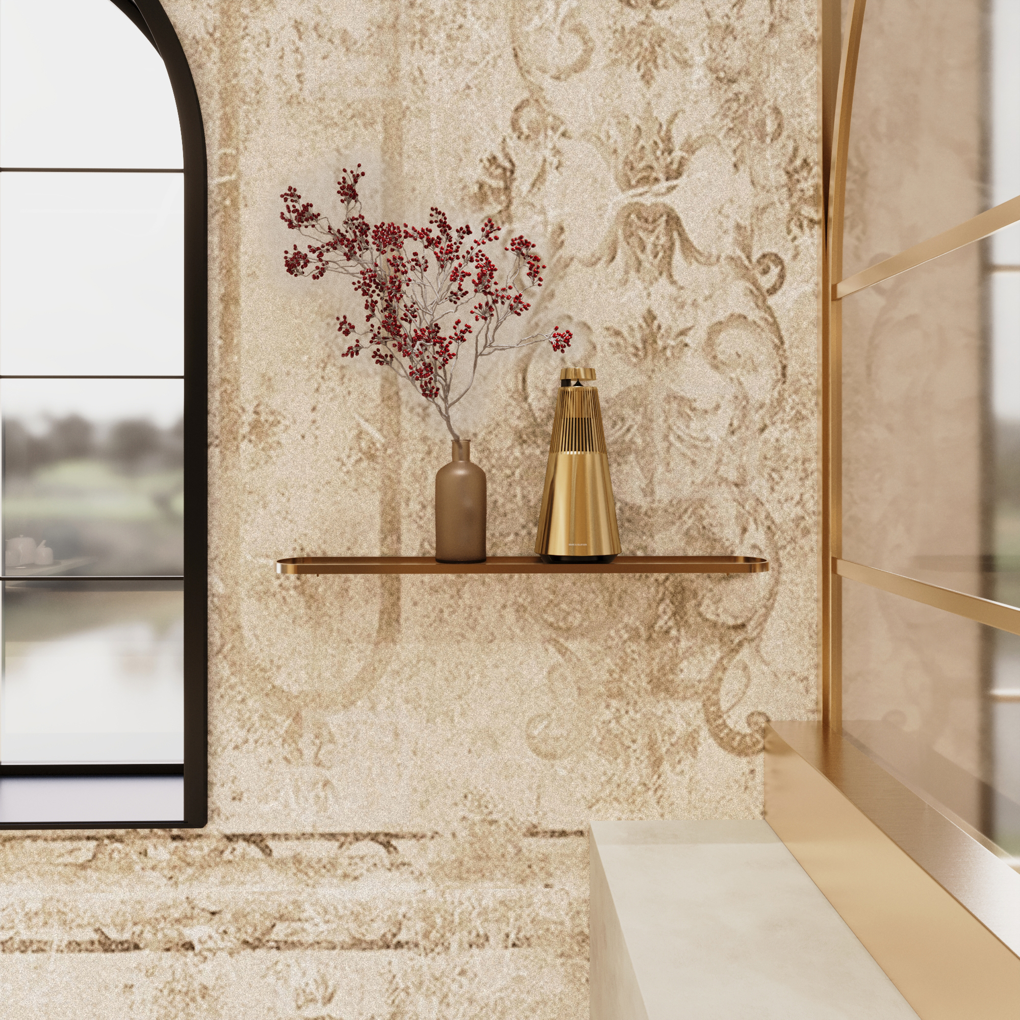 Reception detail with patterned wall surface, brass shelf, vase and warm metallic object