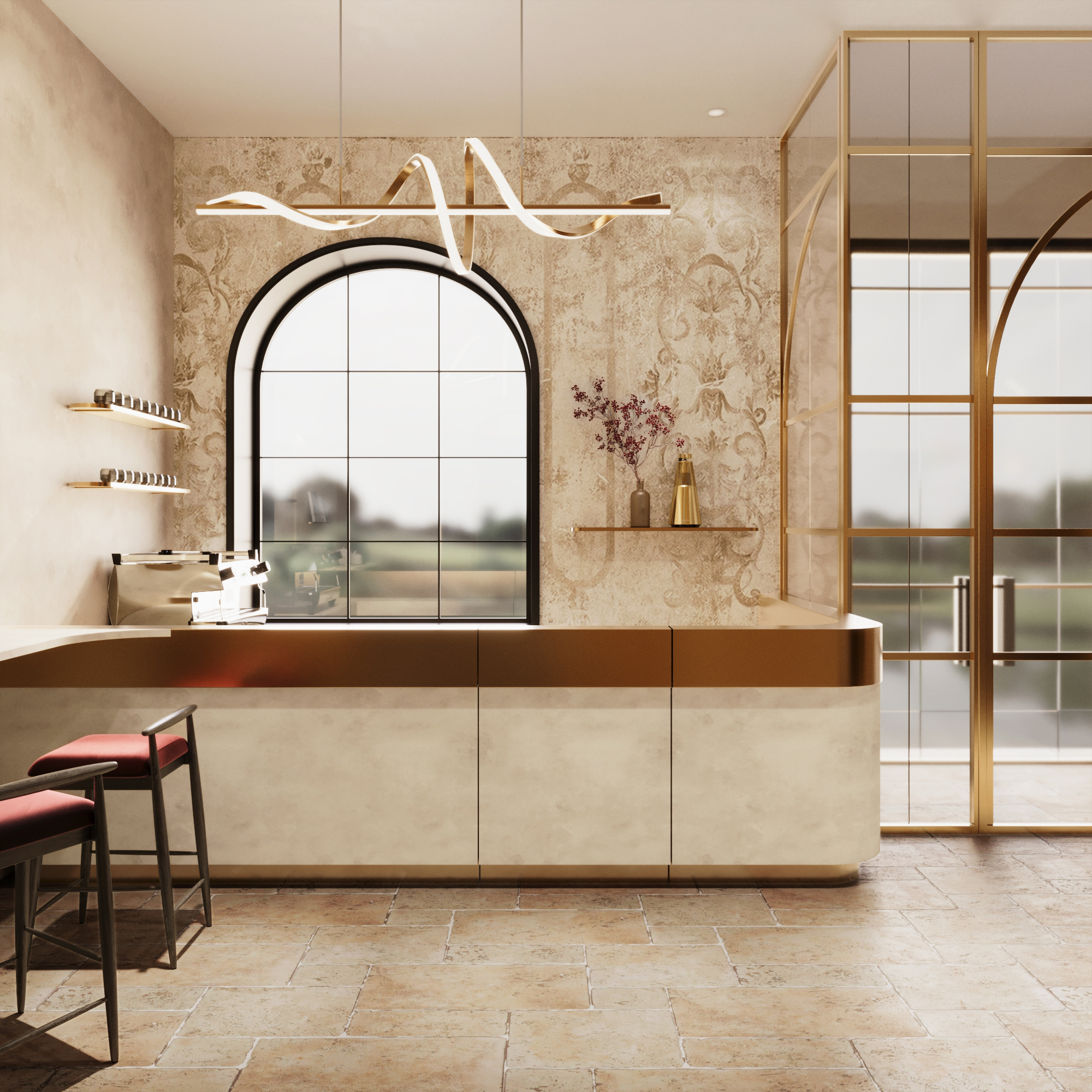 ItaliCO reception with a curved counter, arched window, brass-framed glazing and sculptural linear light
