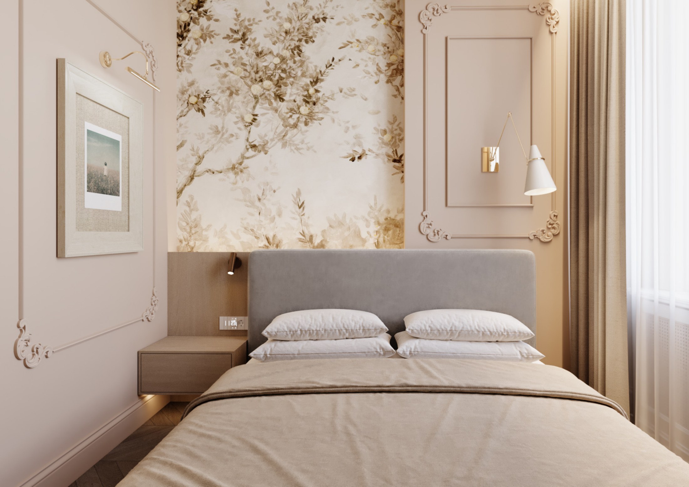 Bedroom with upholstered bed, botanical wall treatment and classical detailing