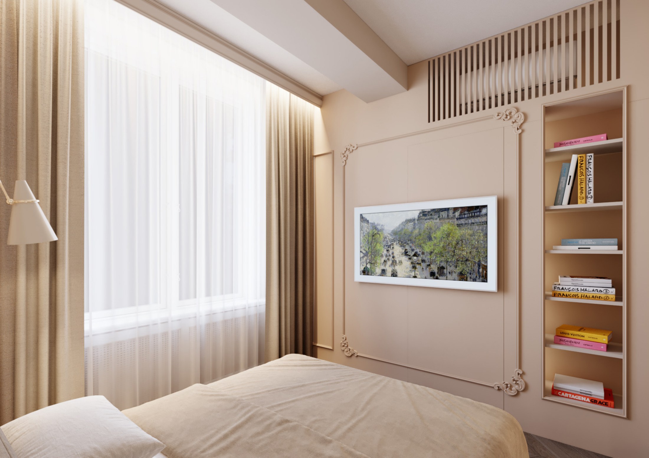 Bedroom television wall with integrated shelving, soft lighting and warm timber