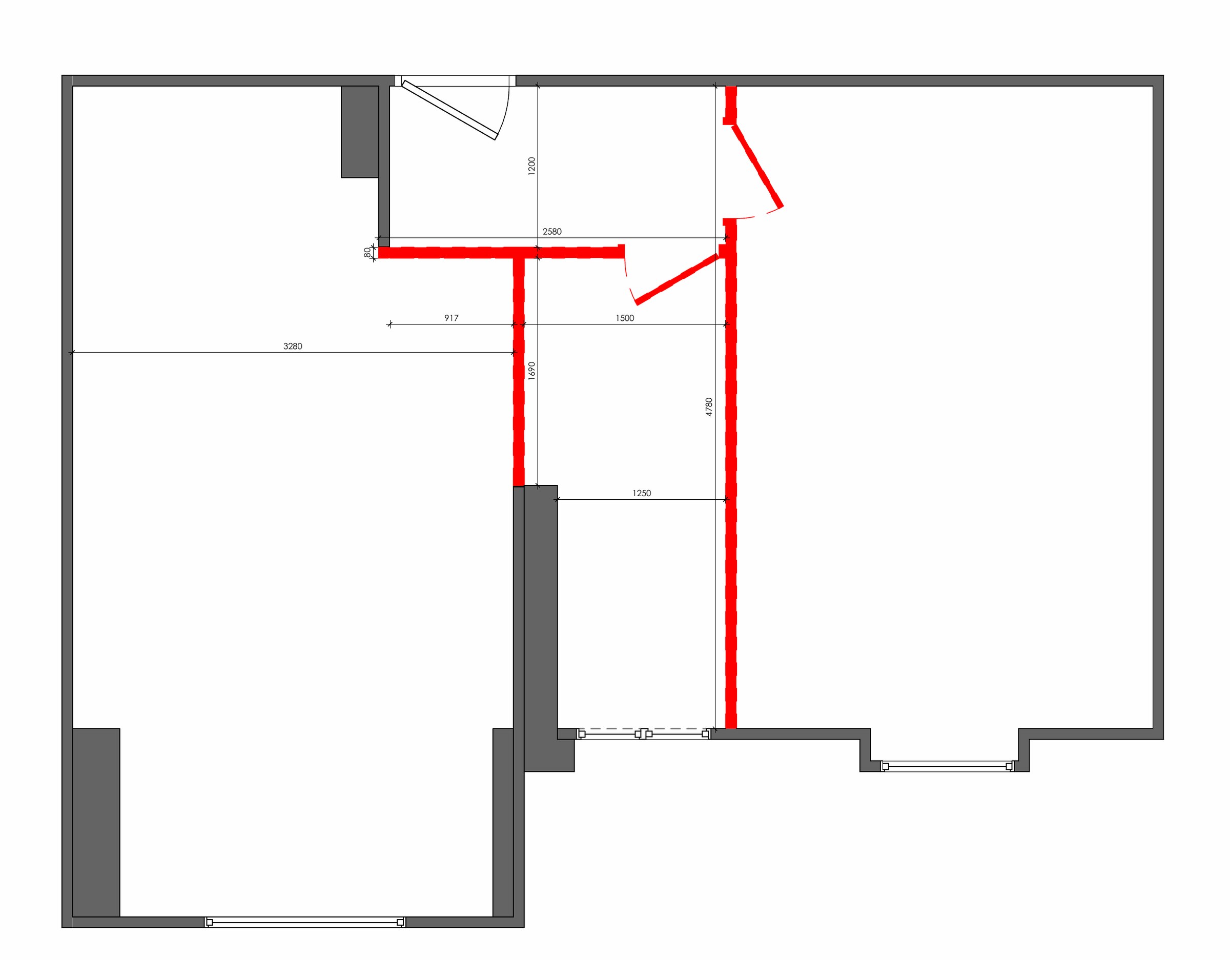 Demolition and intervention plan showing the partitions removed to create the new spatial organisation