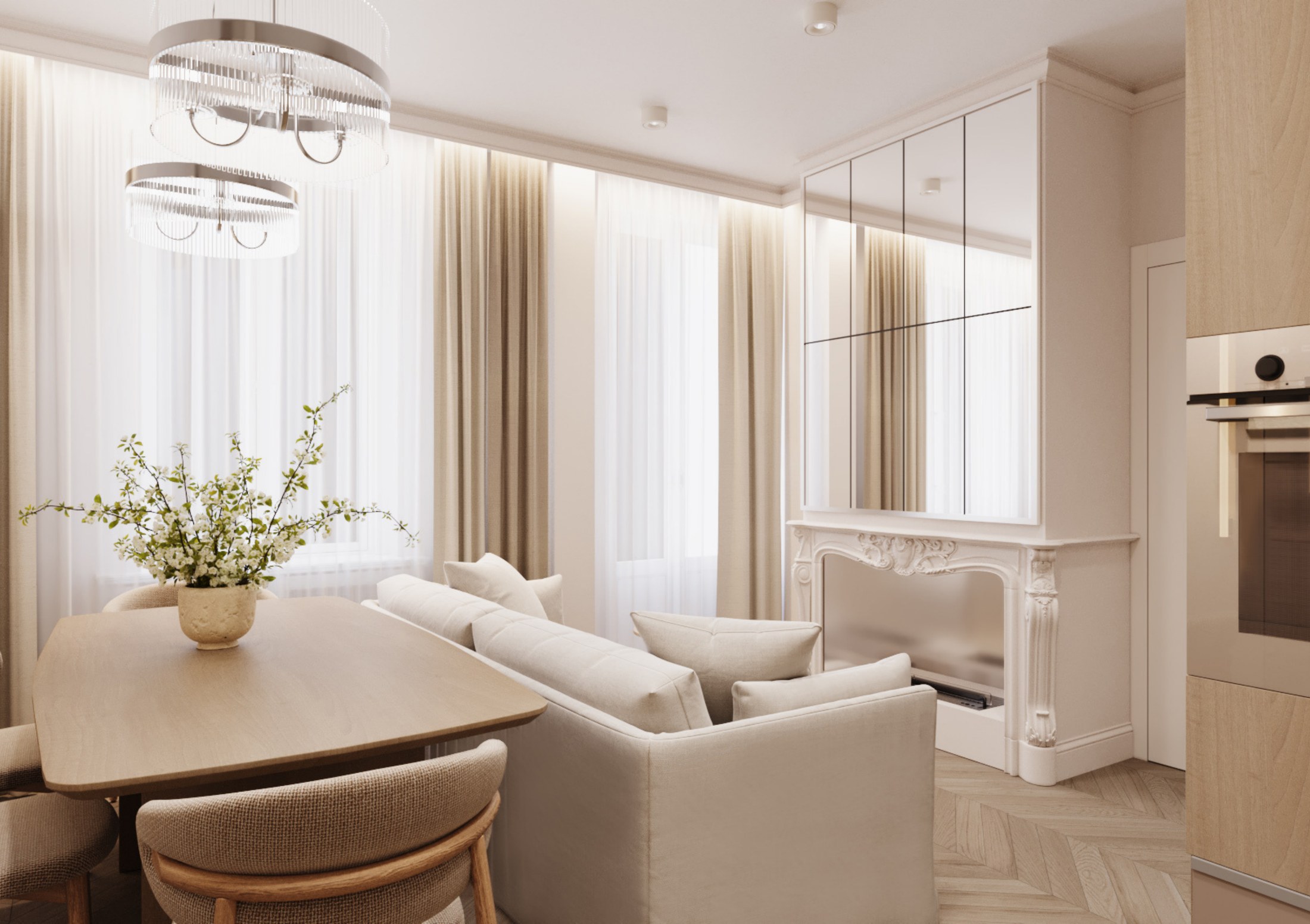 Dining and sofa area beside sheer curtains and mirrored kitchen elements