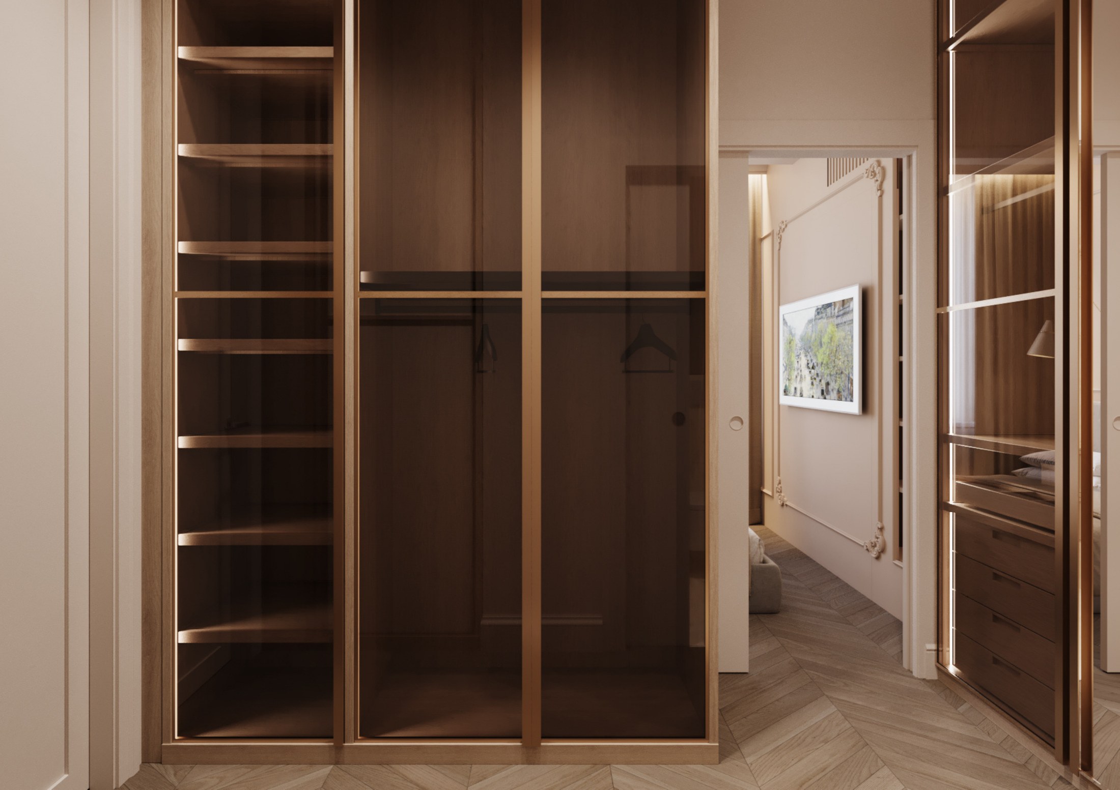 Dressing room threshold with glazed wardrobes and a view toward the bedroom