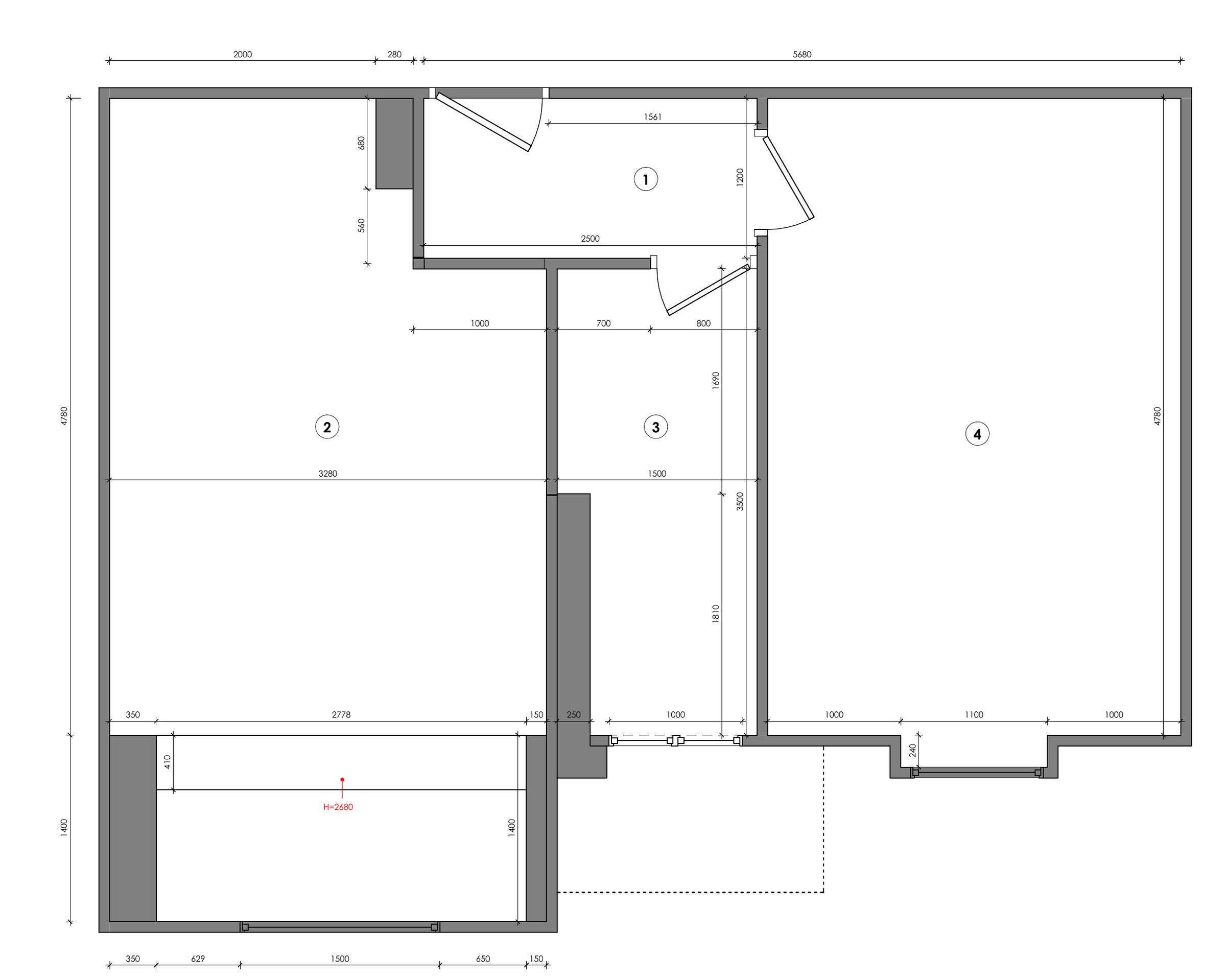Complete existing measured plan of the compact Milan apartment, showing entrance, kitchen, bathroom and bedroom