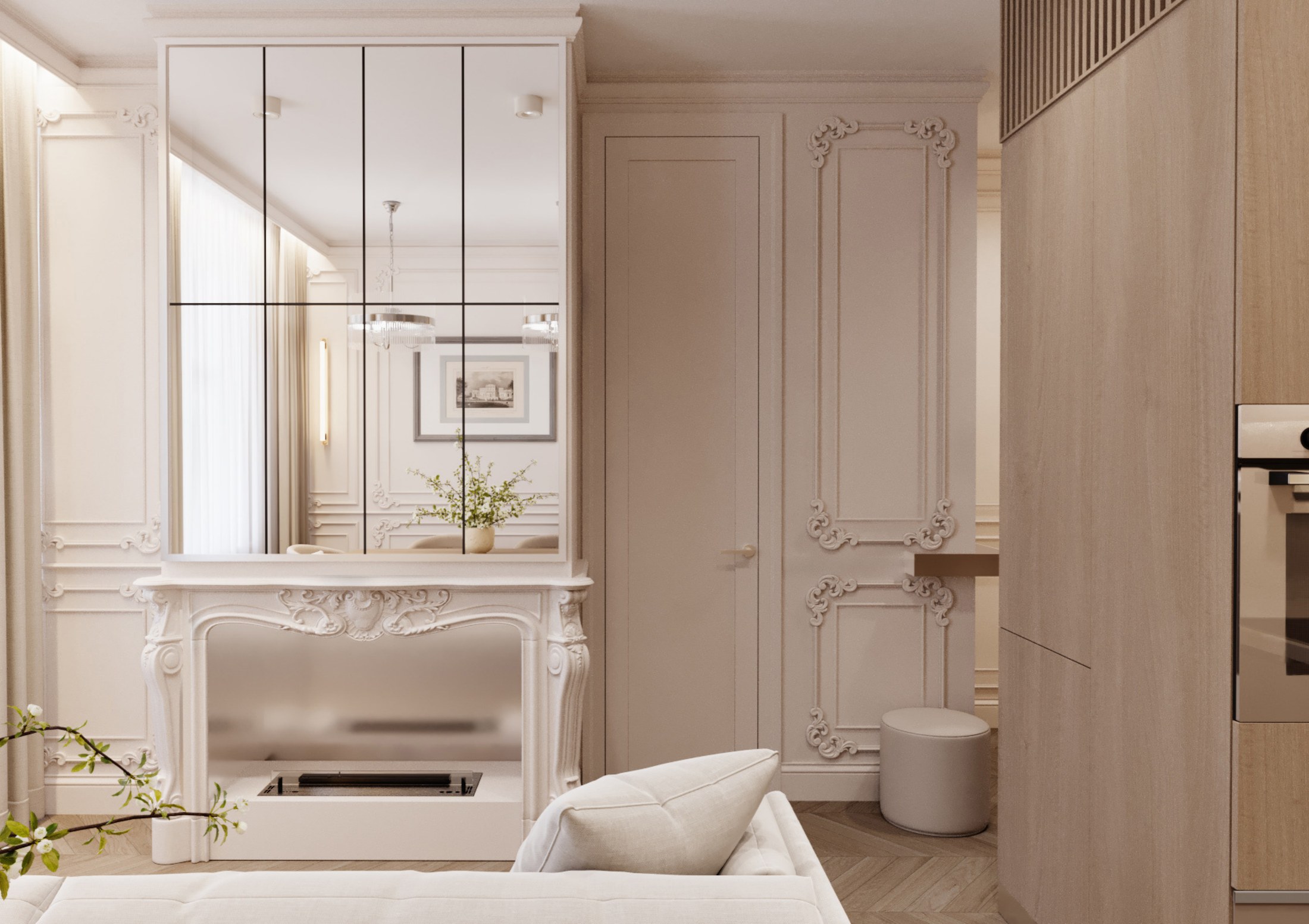 Classical fireplace wall with mirrored panels and pale joinery