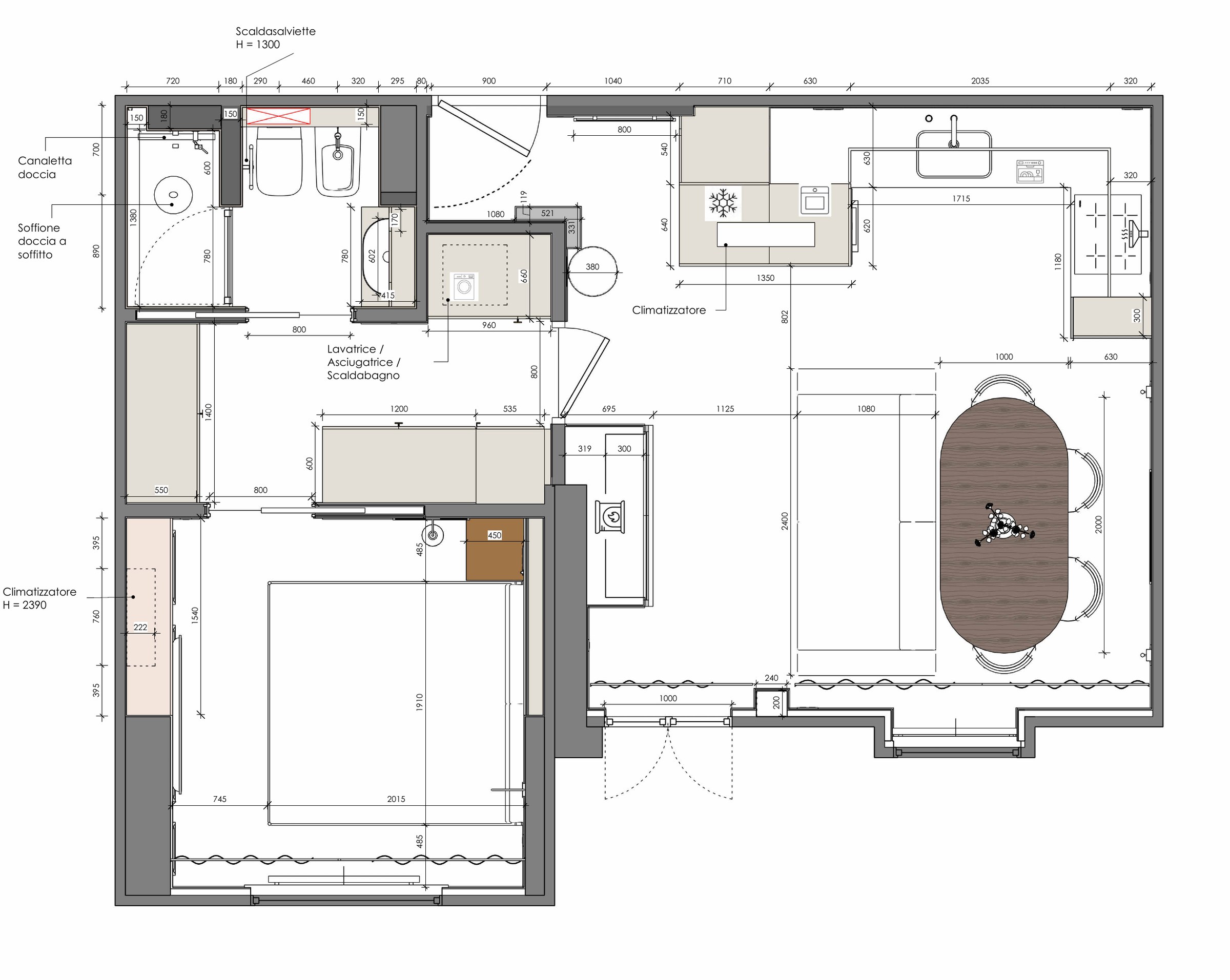 Final furniture plan showing open kitchen, dining and living zone with a private sequence beyond