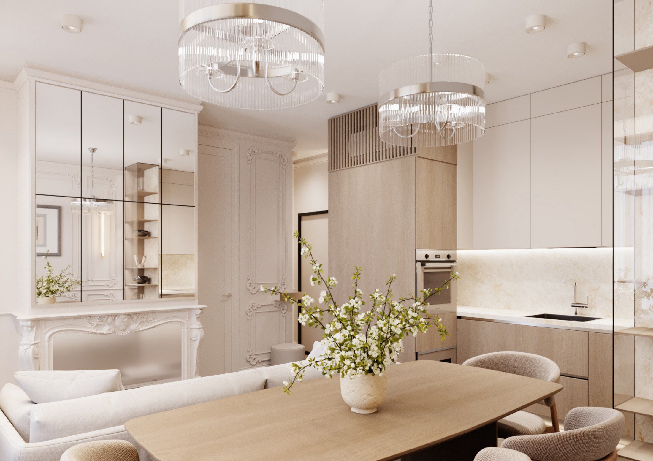 Open living, dining and kitchen space with pale joinery, mirrored panels and a classical fireplace composition