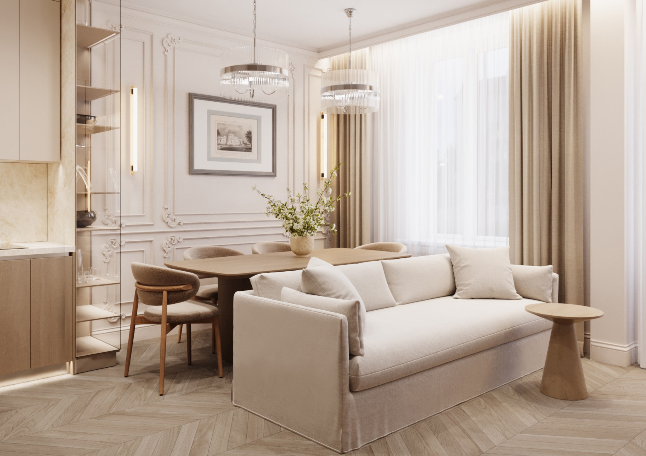 Open-plan living, dining and kitchen space at Milan Apartment, Reframed