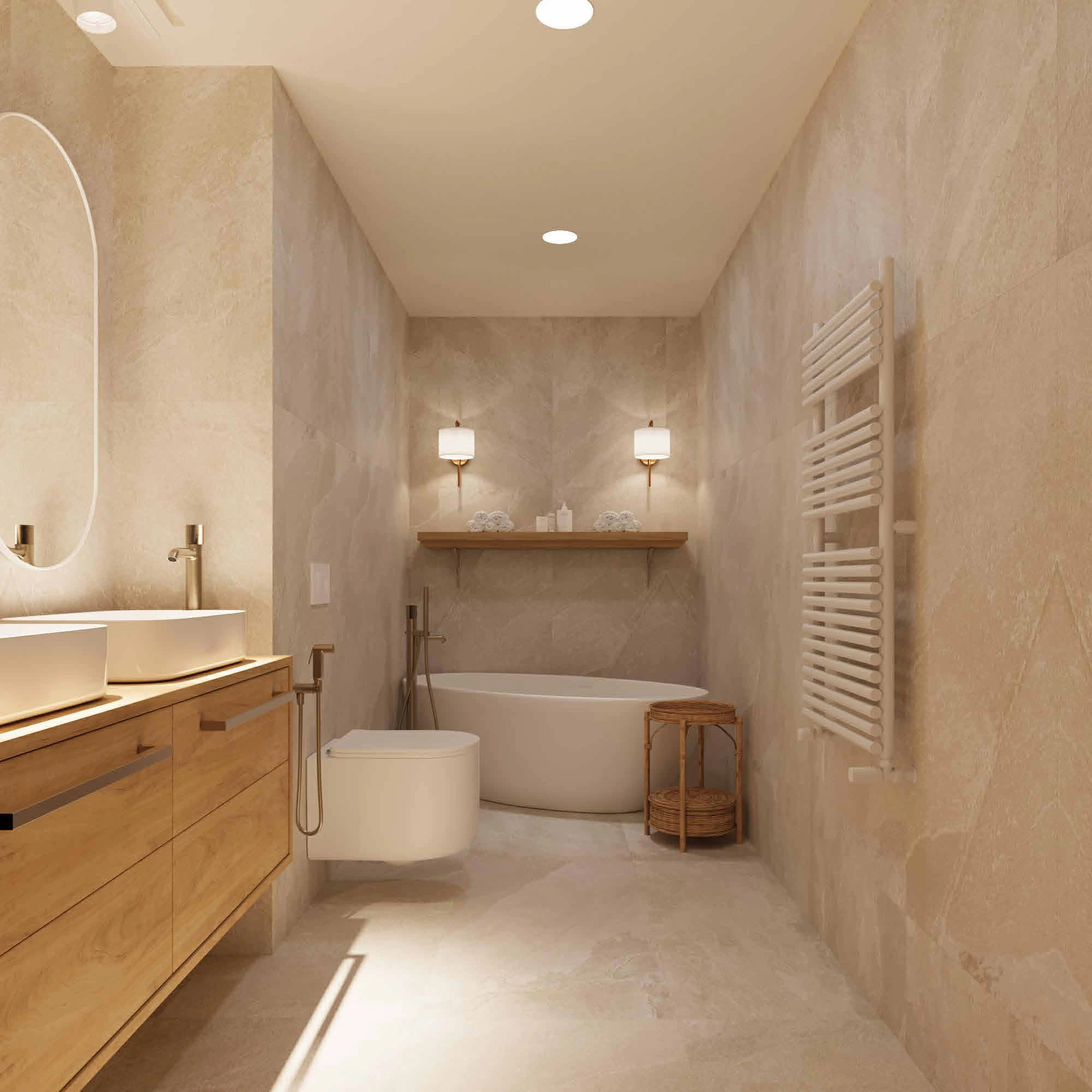 The bathroom with a fitted bathtub and pale stone surfaces