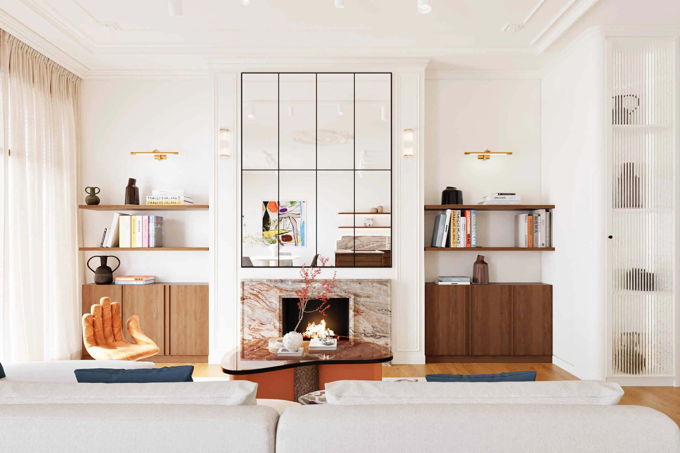 The living room and fireplace at Milan Residence