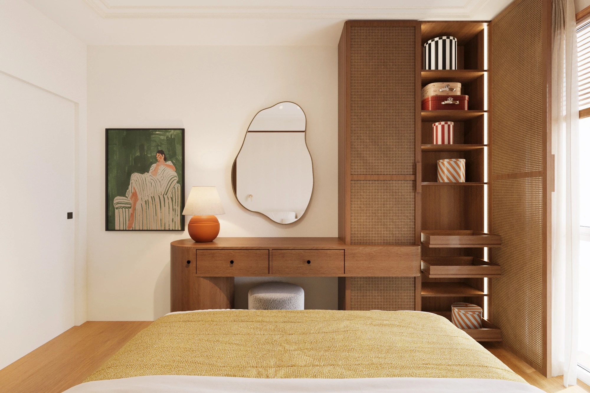 Natural raffia panels, open walnut shelving and the dressing table in daylight
