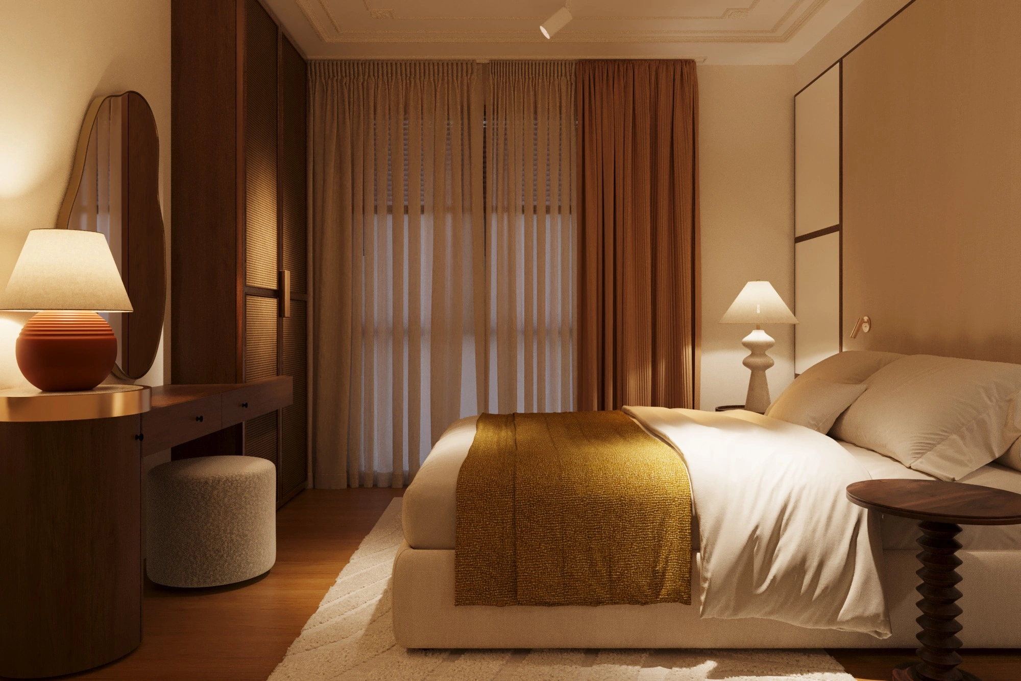 Ambient lighting across the walnut dressing table, raffia panels and layered bed textiles