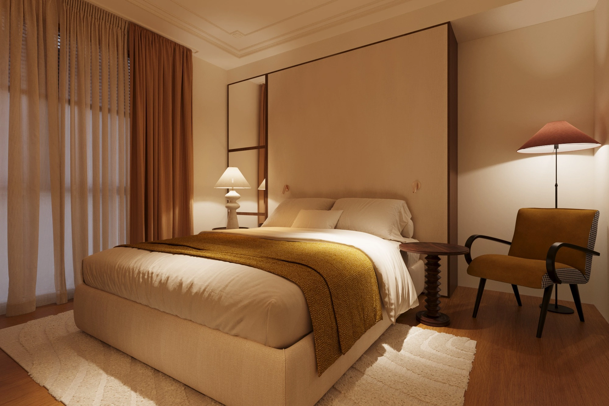 The master bedroom with layered lighting, ochre textiles and precisely framed walnut joinery