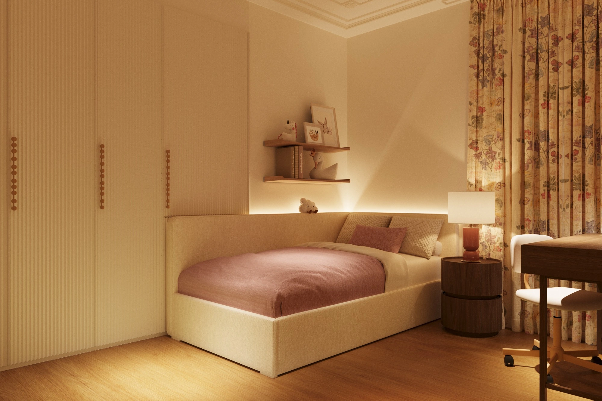 The bedroom and study with integrated storage, a desk, rose textiles and soft lighting