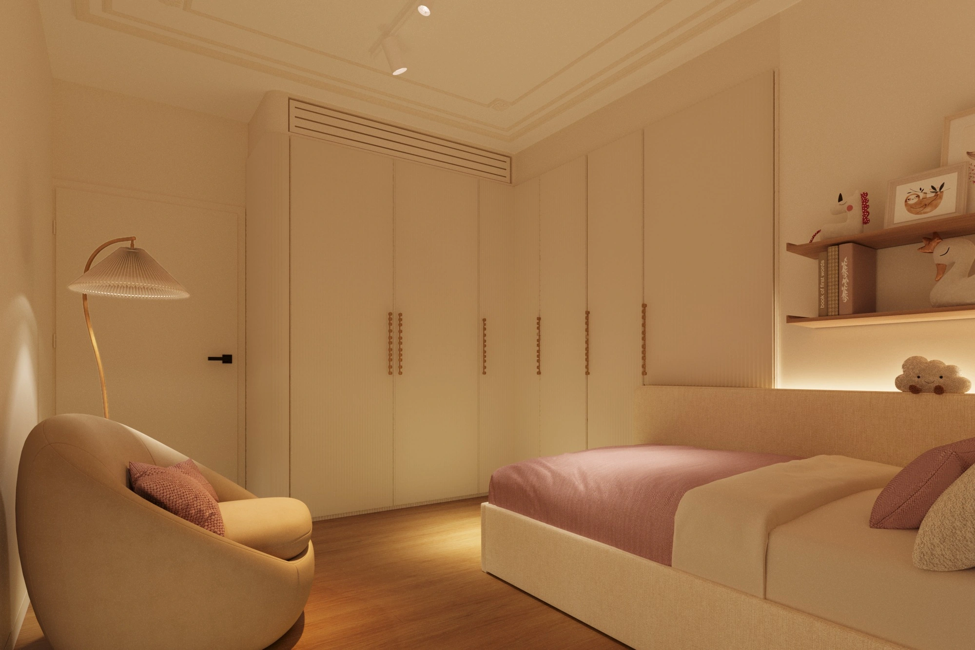 Integrated cabinetry, a softly upholstered bed and warm timber flooring