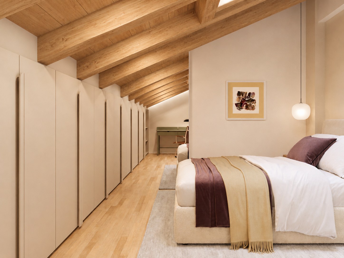Attic guest bedroom with exposed timber roof structure, integrated wardrobes and soft bedding