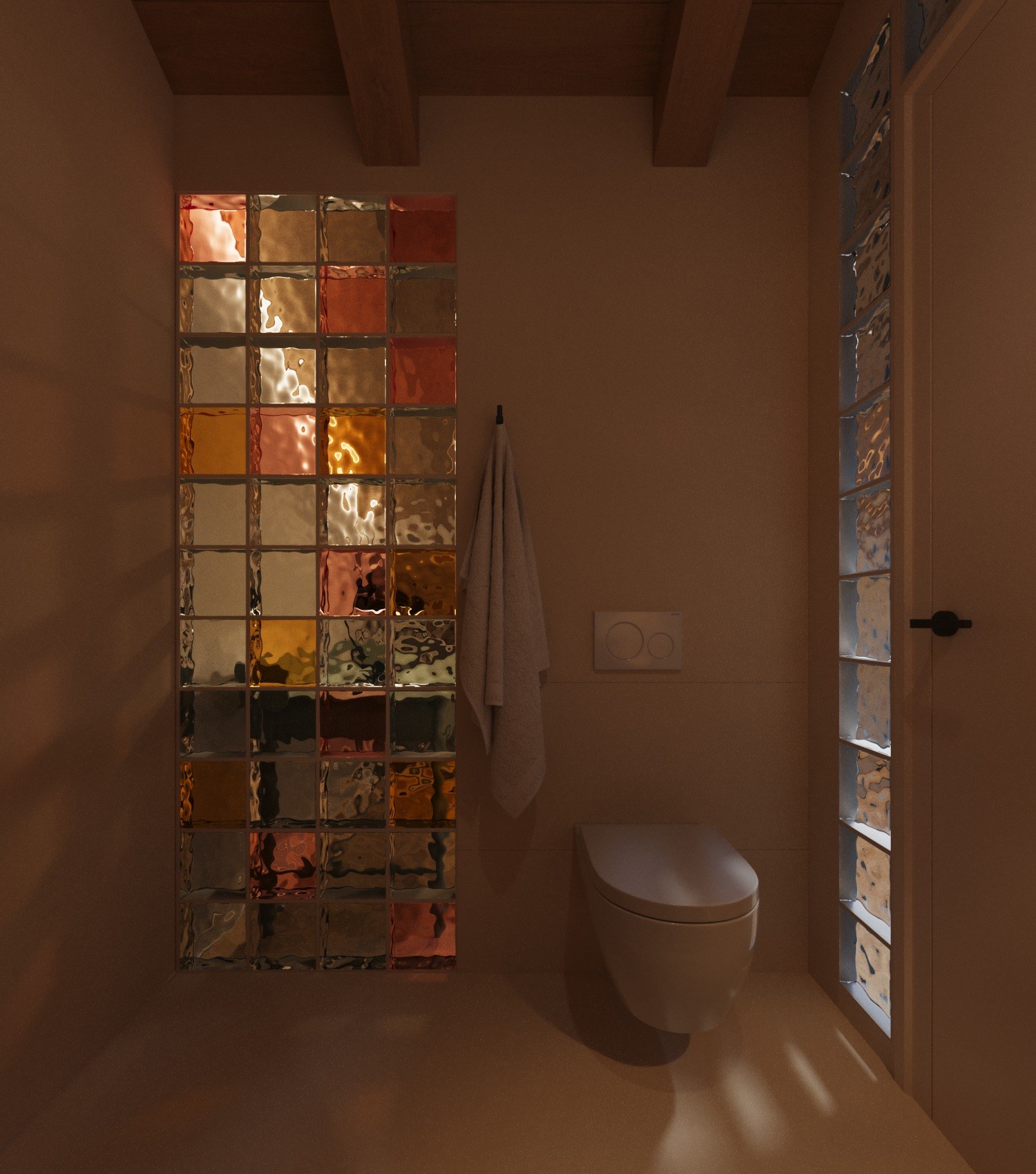Attic bathroom with coloured glass block screen, timber beams and warm wall finish